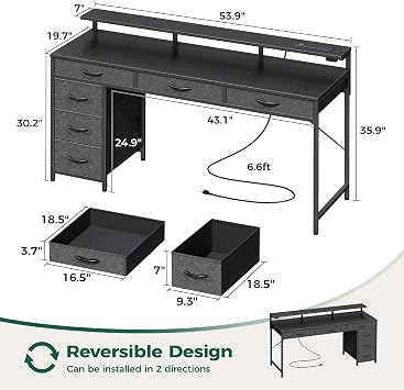 Huuger Gaming Desk with 6 Drawers, Computer Desk with LED Lights Power Outlets and Type-C, 55 Inch Office Desk with Storage, Monitor Stand, Writing Desk Work Desk Home Office, Bedroom, Black, 1CD102B