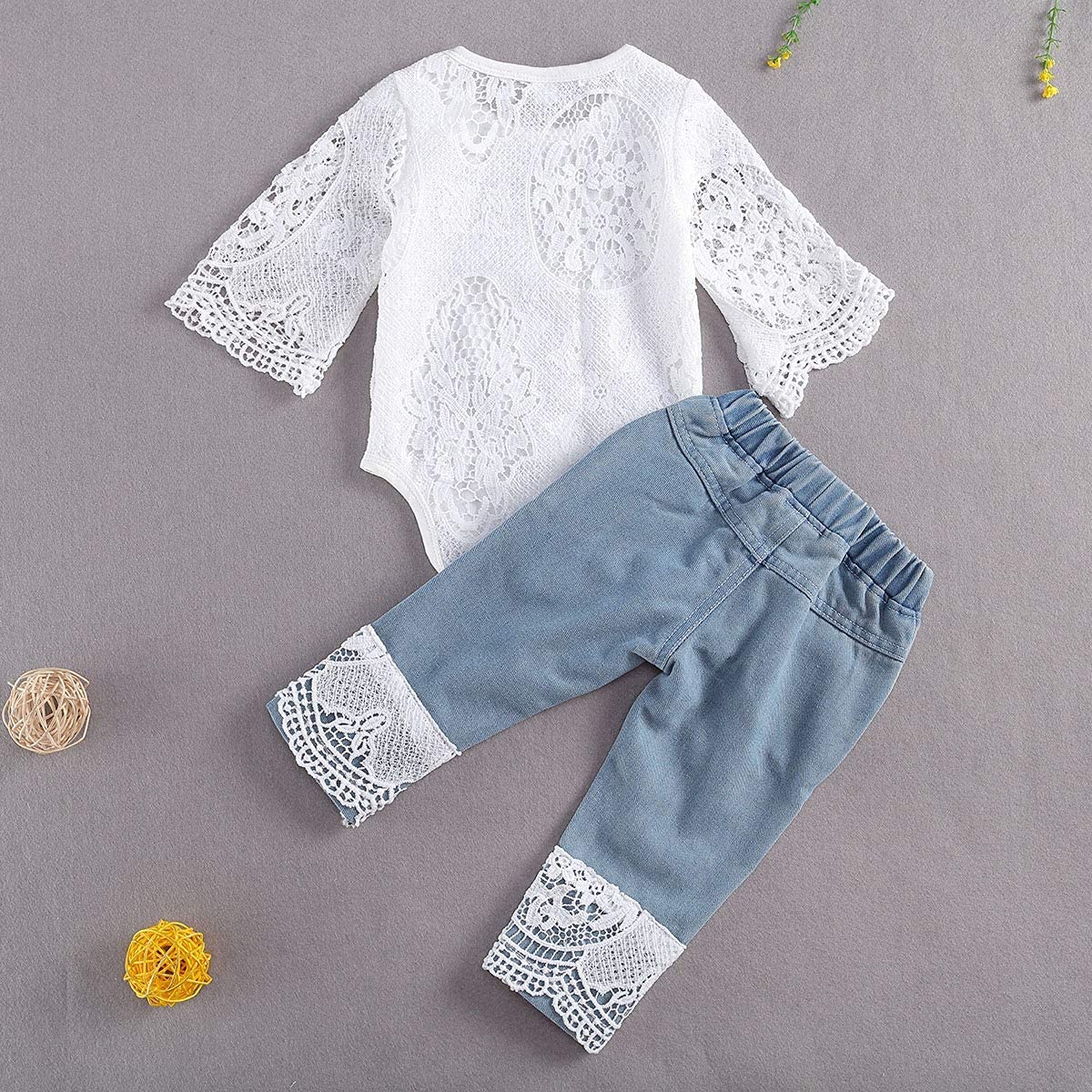 Neonato Baby Girl Vestiti Ricamato Pizzo Romper Ripped Jeans Denim Pants Toddler Infant Outfit Set