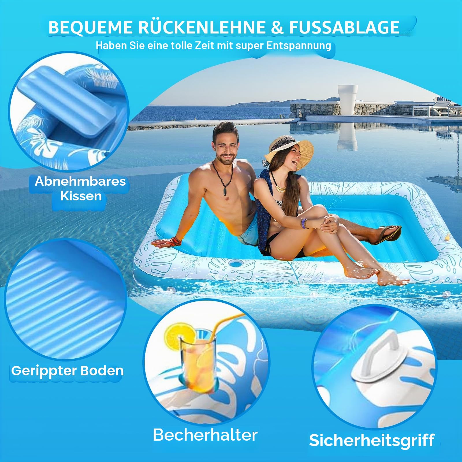 210.8 cm x 160.0 cm Extra Large Inflatable Tanning Pool Float Lounger with Sprinkler & Cup Holder, Adult Pool Floß for Backyard, Beach or Lake, Pink/Blue - Durable PVC, Supports 200 kg