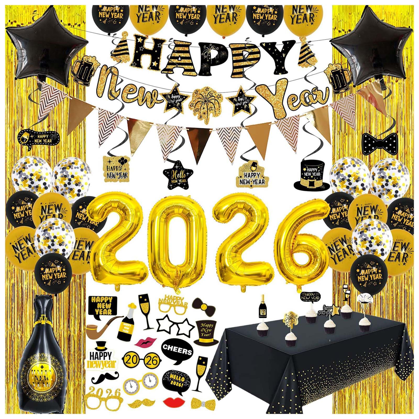 Dekoracja noworoczna 2026, dekoracja na Nowy Rok, szczęśliwy nowy rok baner, wiszący wir, balon szampański i konfetti, akcesoria fotograficzne nowe zestawy (A)