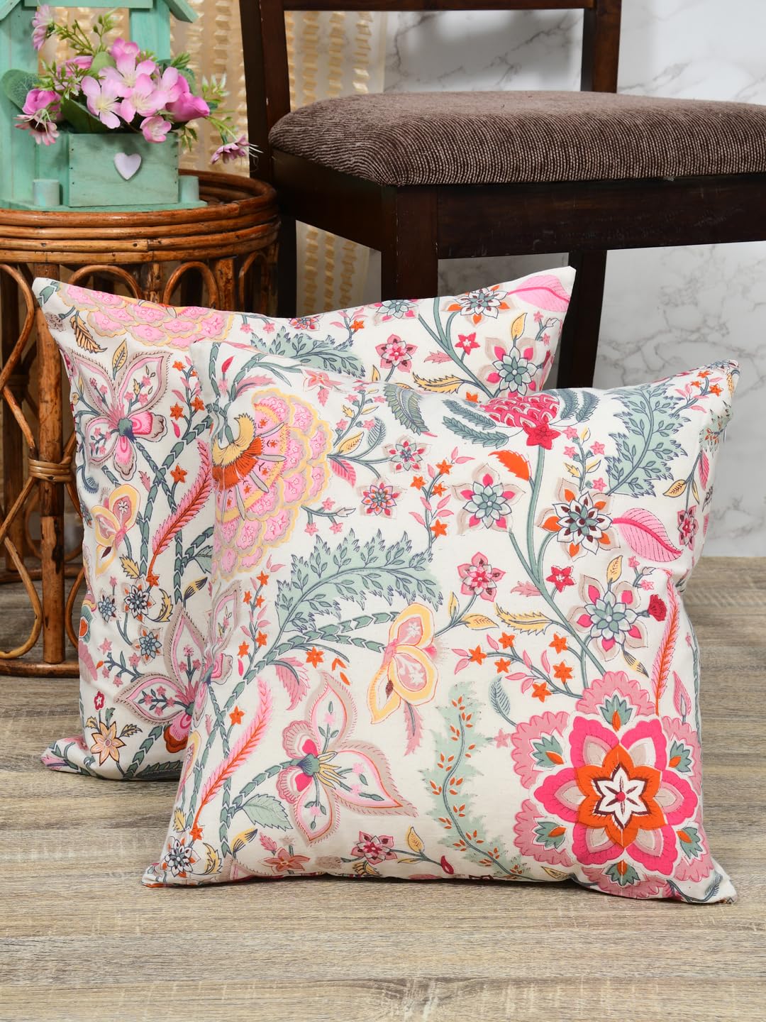 Clasiko Cotton Cushion Covers; Living Room Throw Cushion; Set of 2; 22x22 Inches; Autumn Sedum-image-41