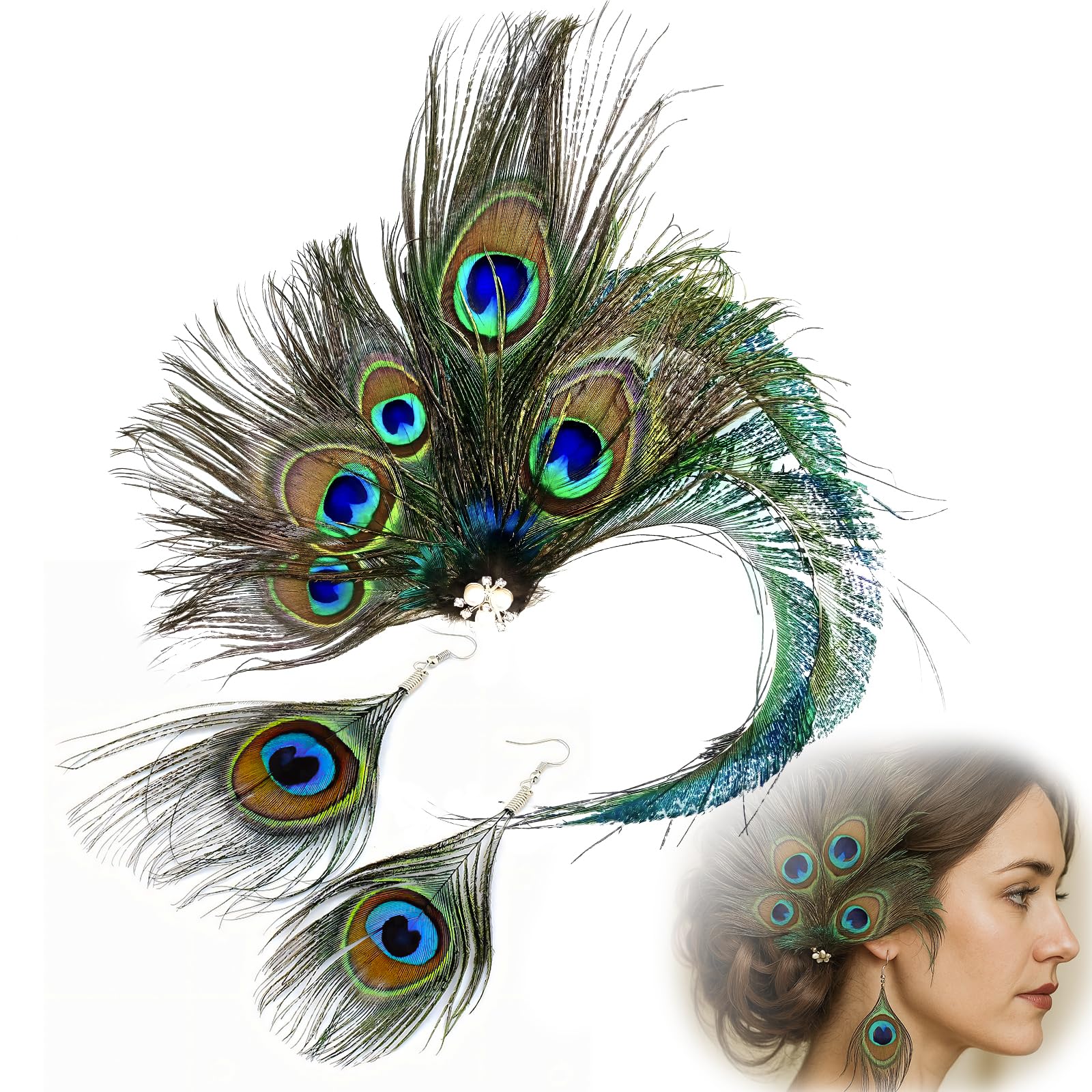3Pcs Peacock Feathers Set, Feather Hair Clip and Earrings, Vintage Headband Hair Clip for 1920s Theme Parties, Carnivals