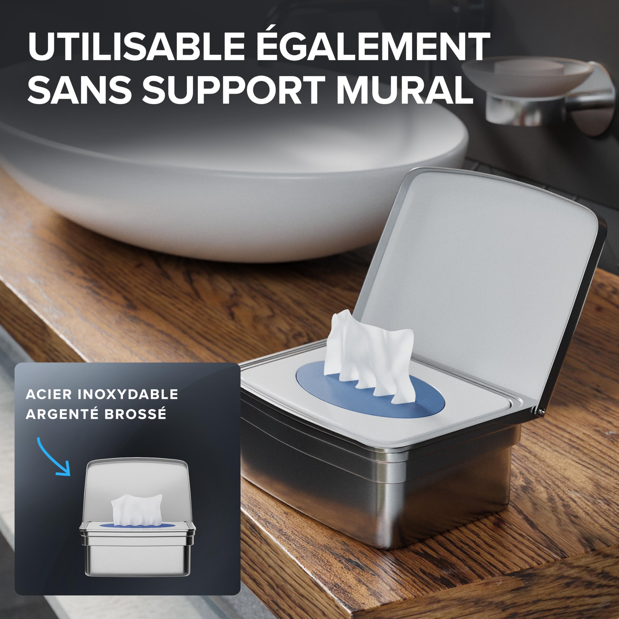 ovimar Boîte pour lingettes humides avec couvercle Egense | acier inoxydable poli argenté | sans percer | Pour que les lingettes cosmétiques restent toujours fraîches grâce à la boîte de rangement