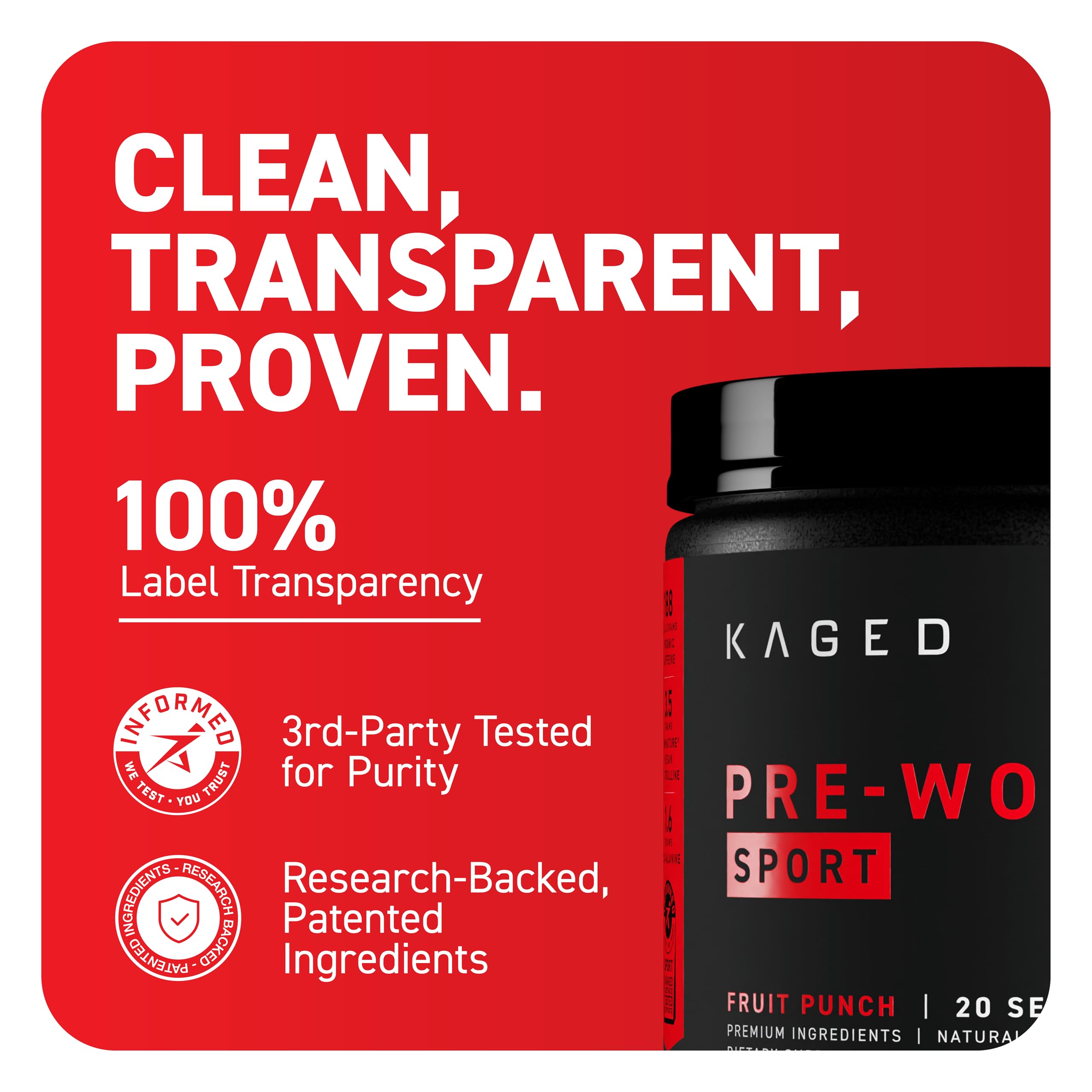 Kaged Sport Pre Workout Powder for Men & Women, Fruit Punch, Sport Certified, 188mg Caffeine, Nitric Oxide Supplement, Beta Alanine for Energy, Weightlifting, Cardio Endurance & Strength, 20 Servings — Amazon image 7