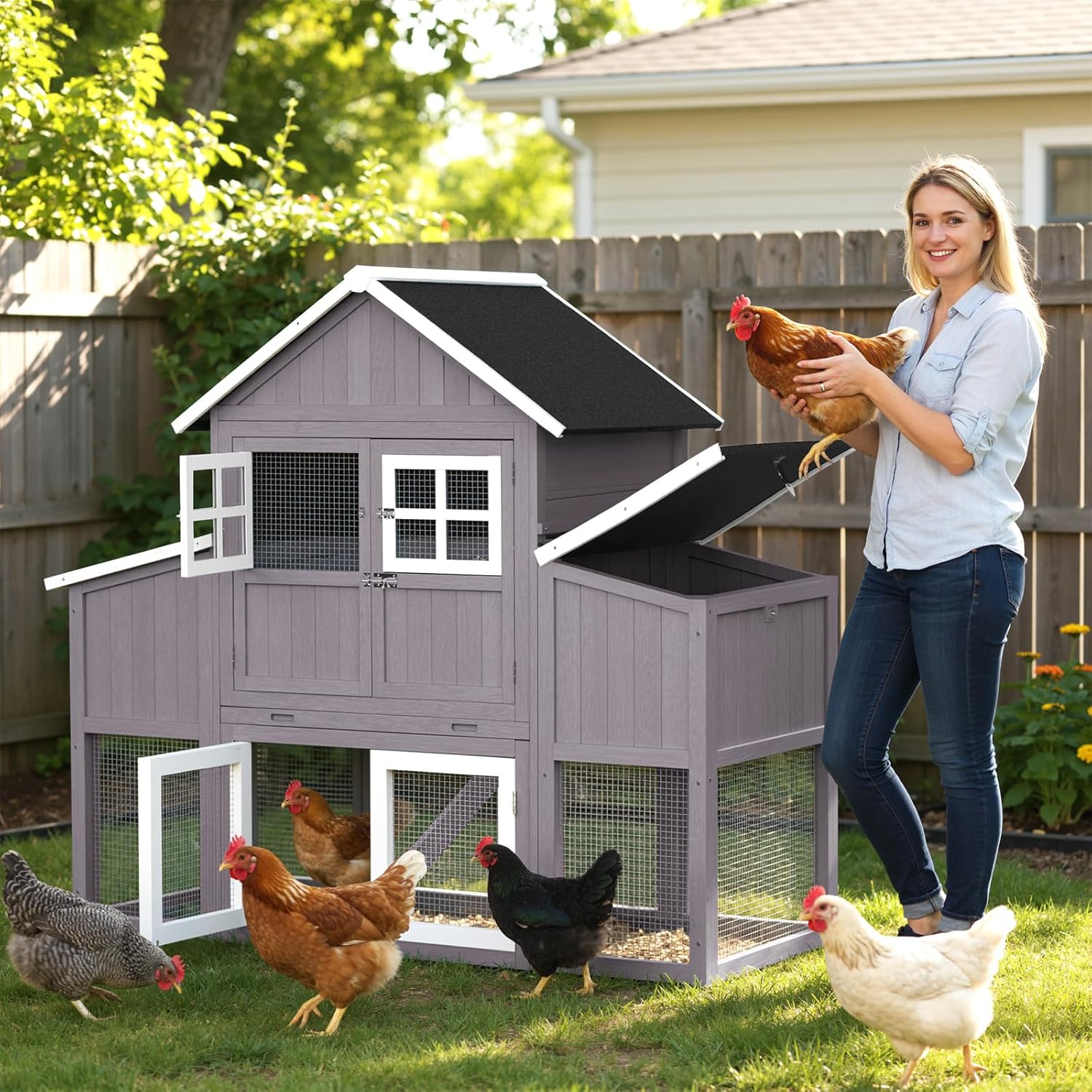69.5''L Chicken Coop, Extra Large Poultry Cage for 6-10 Chickens, Outdoor Hen House Design with 2 Nesting Box, Weatherproof Roof and Leakproof Pull-on Tray, Easy to Install＆Clean(Gray)