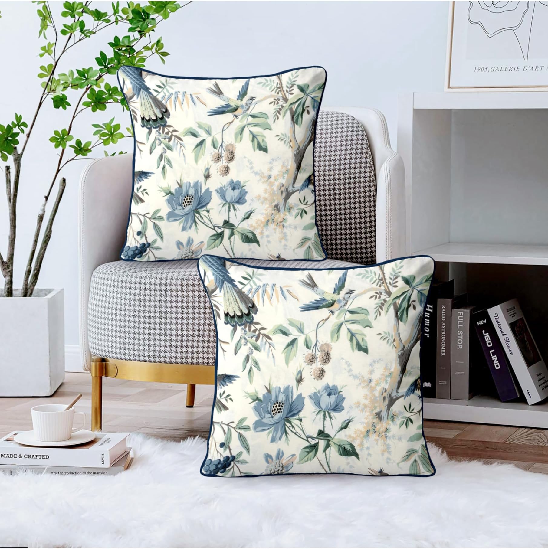 Elegant Bird and Blue Floral Cotton Cushion Covers Pack of 2 with Bright Navy Cord Piping Decorative Throw Pillow Covers (22 * 22)