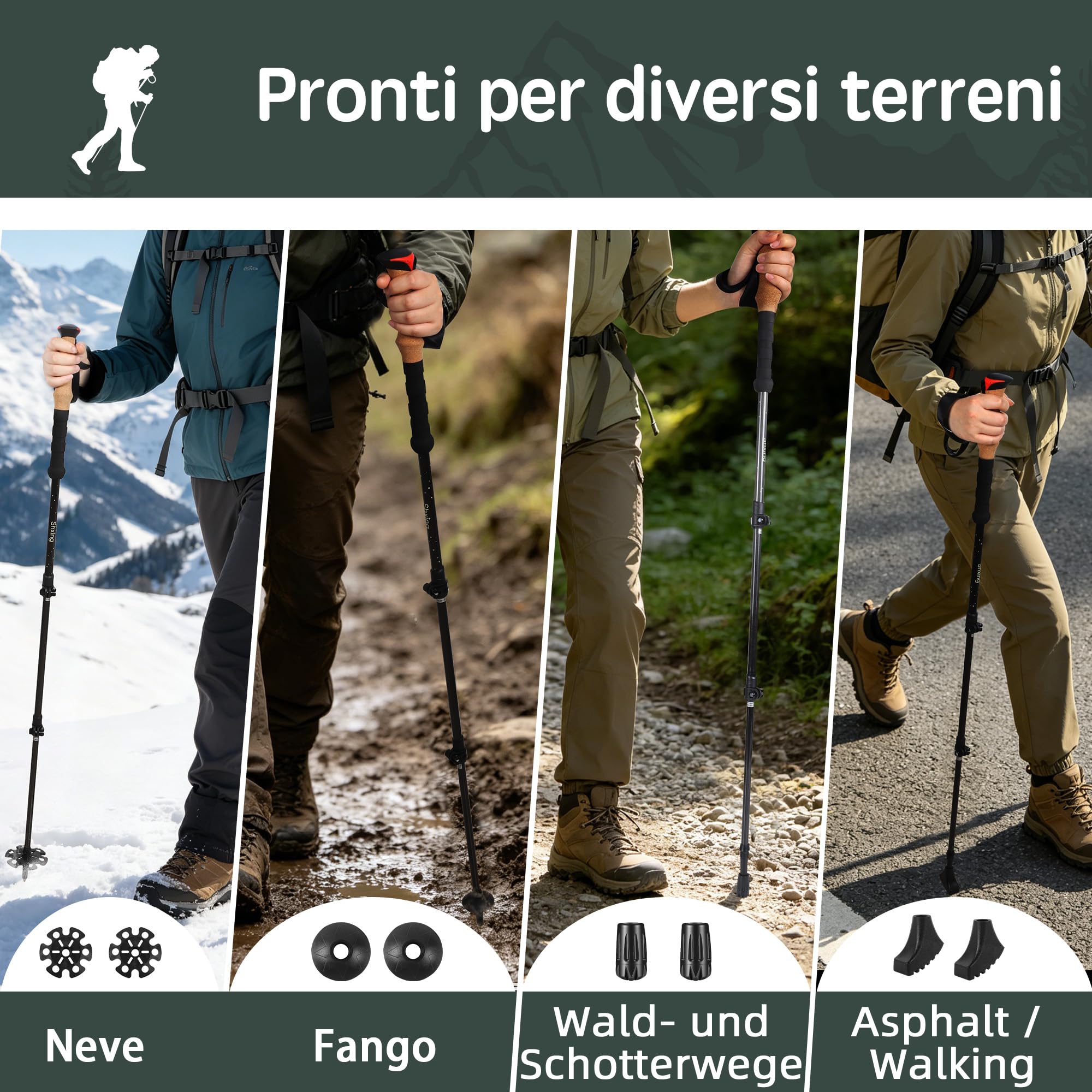 Bastoncini trekking telescopici 2 pezzi, 200 g ciascuno, 62–135 cm, carbonio, impugnatura in sughero + EVA, chiusura in alluminio, per trekking e nordic walking