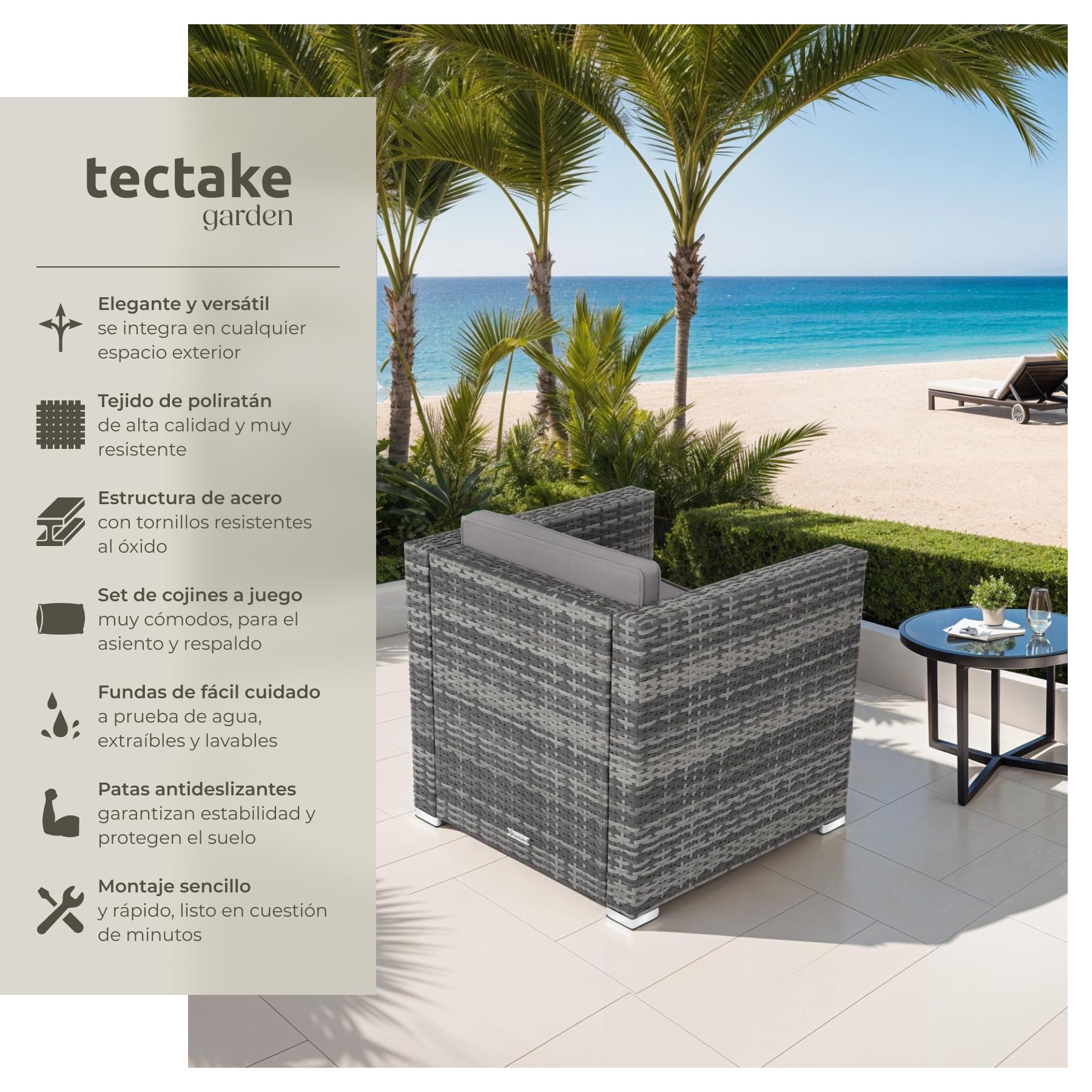 tectake® Sillón de Ratán y Acero con Reposabrazos, Mueble Jardín Exterior Resistente a la Intemperie, Sillón para Conjunto Jardín Exterior, con Cojines, Fundas Extraíbles, Fácil Montaje - gris