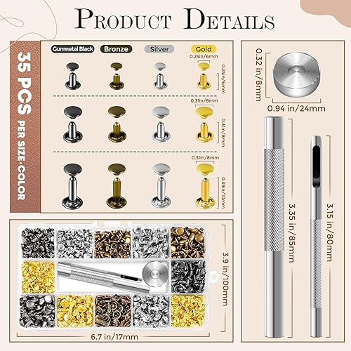 Miniatura 6 de 420 juegos de remaches de cuero, remaches para manualidades de cuero, 4 colores y 3 tamaños, kit de remaches de cuero con 3 herramientas de cuero