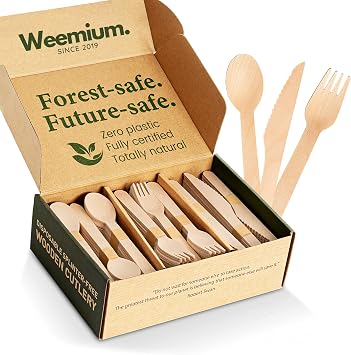 Weemium Disposable Wooden Cutlery Set - 300 Count 100 Forks, 100 Knives, 100 Spoons Plastic-free Packaging - Biodegradable Silverware and Splinter-free Compostable Utensils for Parties