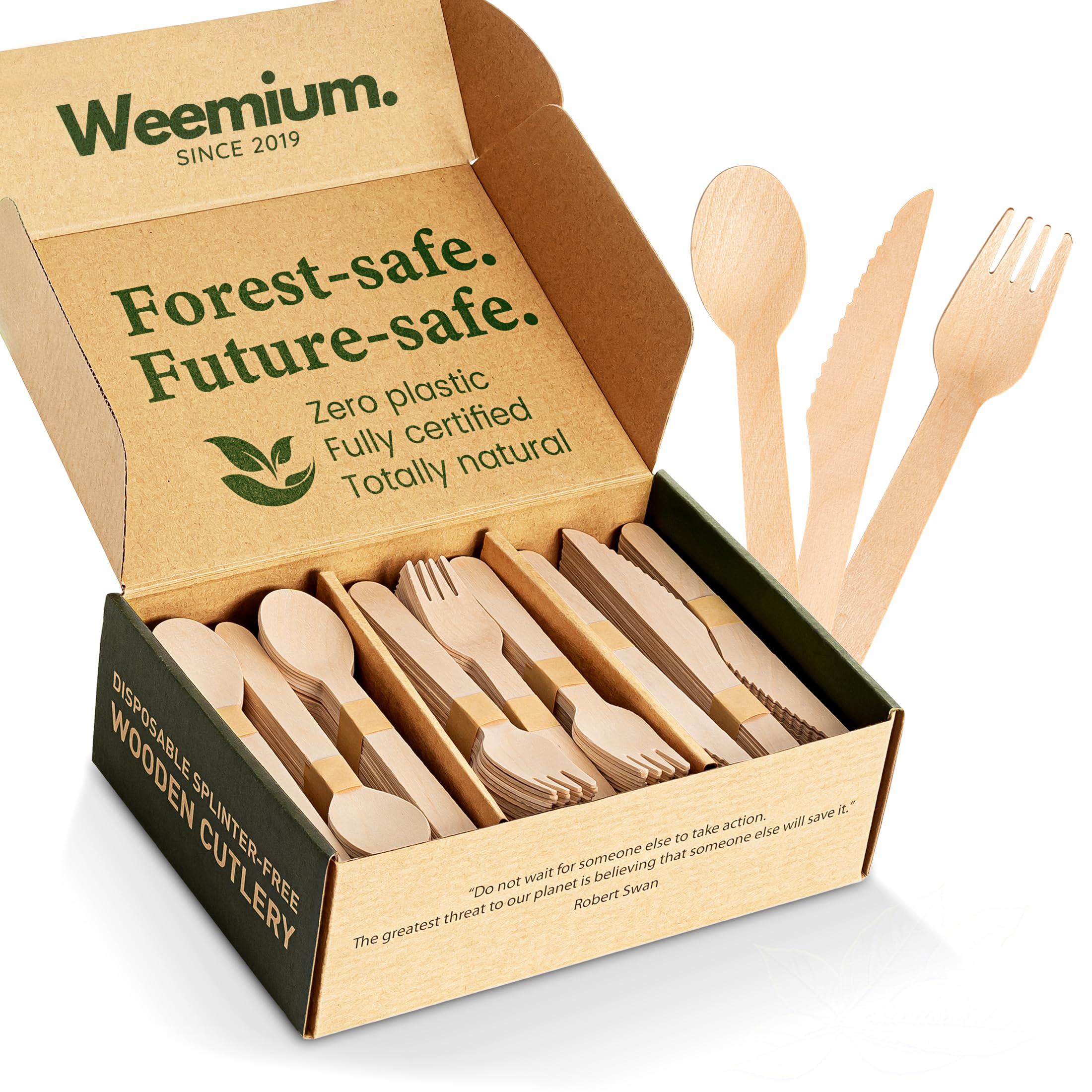 Weemium Disposable Wooden Cutlery Set - 300 Count (100 Forks, 100 Knives, 100 Spoons) – Plastic-free Packaging - Biodegradable Silverware and Splinter-free Compostable Utensils for Parties
