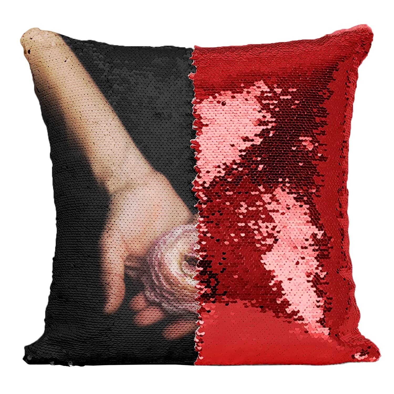 Coussin sequin rouge photo fleur rose blanche cadeau romantique