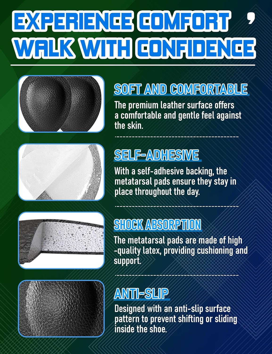 Metatarsal Pads for Men, Ball of Foot Cushions for Pain Relief, Comfortable Forefoot Support for Metatarsalgia and Morton's Neuroma, 1/3 Inch Thick Self-Adhesive Foot Pads, 2 Pairs L - Image 4