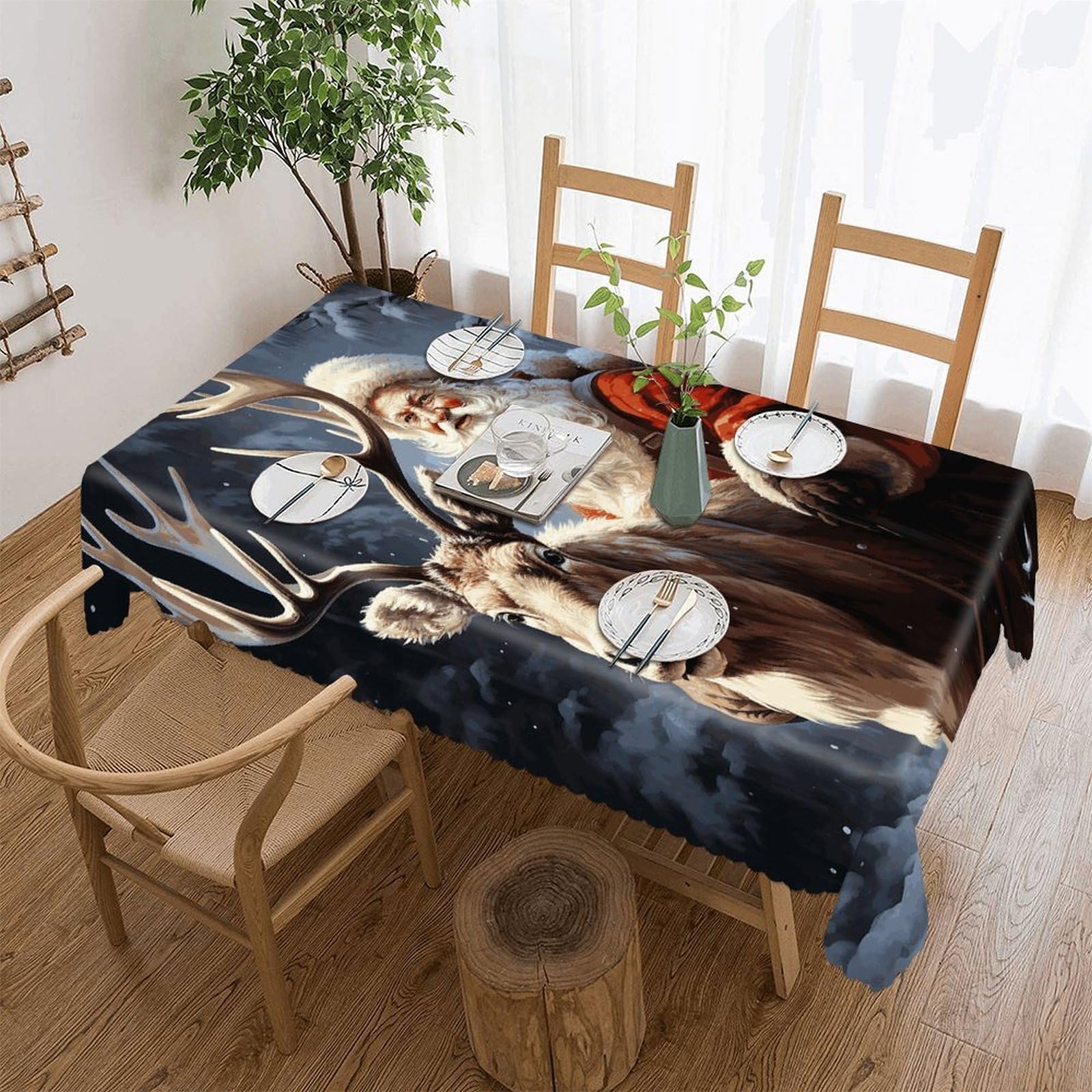Santa Claus And Deer Elk Tablecloth Rectangle Table Cloth Decorative Fabric Table Cover Waterproof Seasonal Table Cover Wrinkle Resistant Washable Table Cloth for Party Picnic Dinner Decor 60"x86"