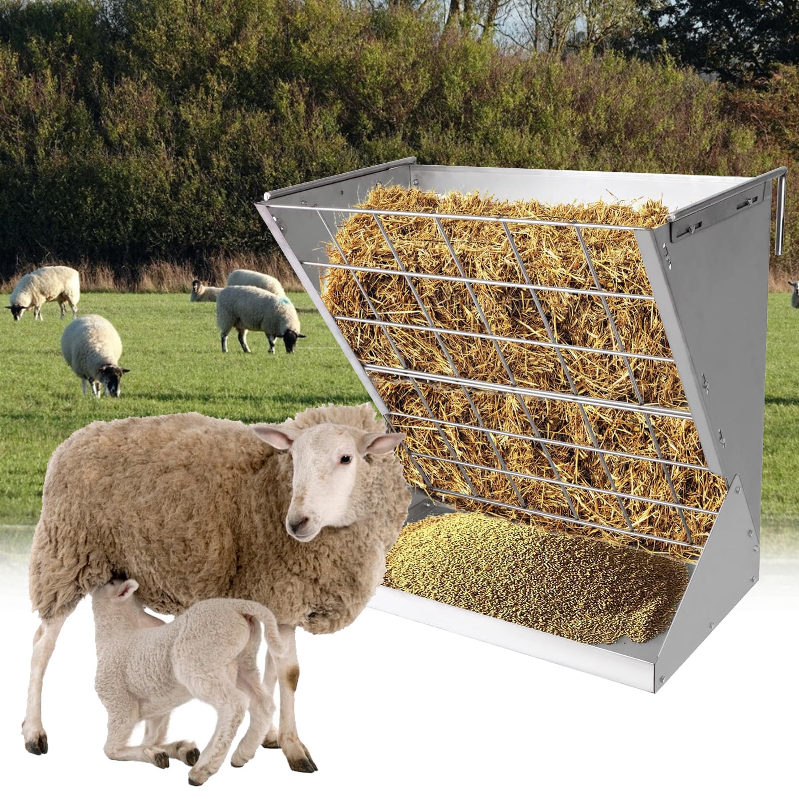 Grande Mangiatoia per Cavalli, 2 in 1 Mangiatoia per Capre Sospese, Rastrelliera per Fieno Sospesa per Capre con Griglia Salva-mangime e Ganci Regolabili per Fieno Capre Pecore Cavalli