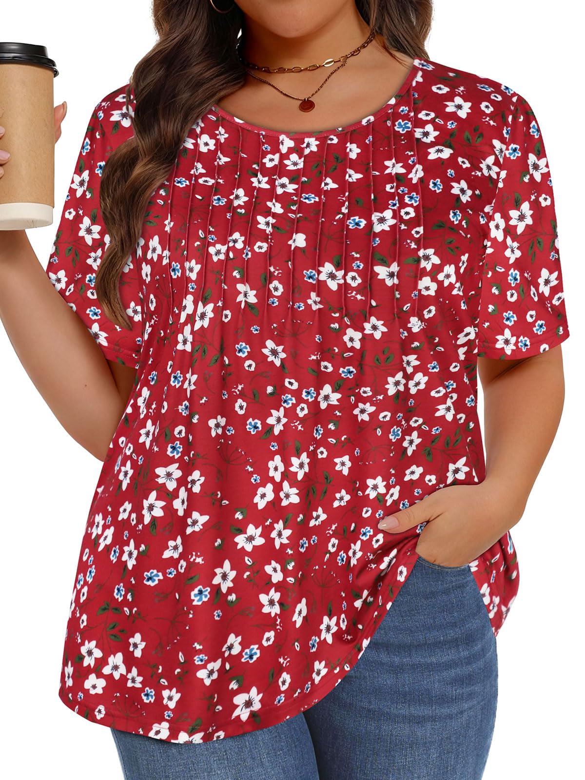 Plus Size Tops for Women Summer Pleated Short Sleeve Shirts Casual Blouses