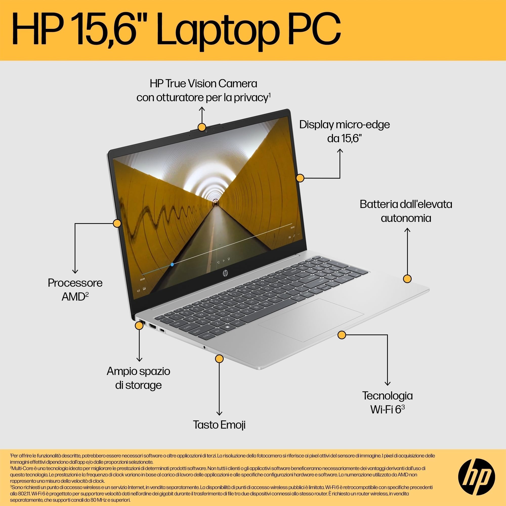 HP Laptop 15-fc0021sl, PC Portatile 15", Display FHD, Notebook, (AMD Ryzen 7 7730U, RAM 16GB, SSD 1TB, Windows 11), Computer Portatile, Uso quotidiano, Tastiera Italiana, QWERTY, Argento