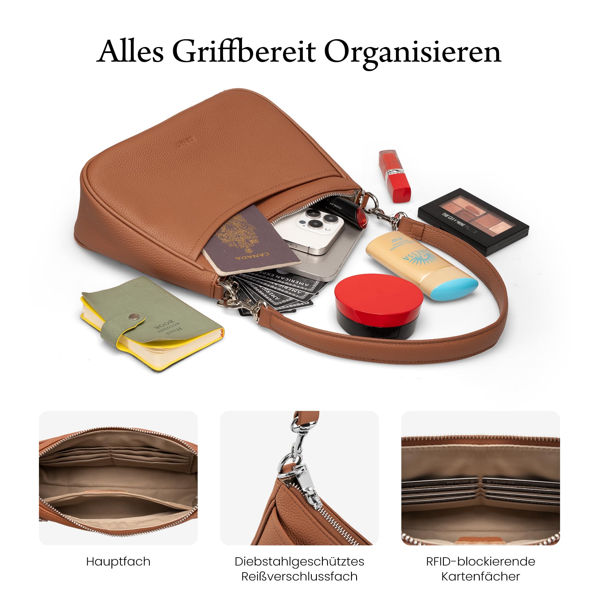 befen Echtleder Handtasche Damen Kleine Schultertasche Elegant Hobo Bag | RFID-Blockierung Umhängetasche Leder Crossbody Bag mit 2 Schultergurten - Mode Einfache Klassische