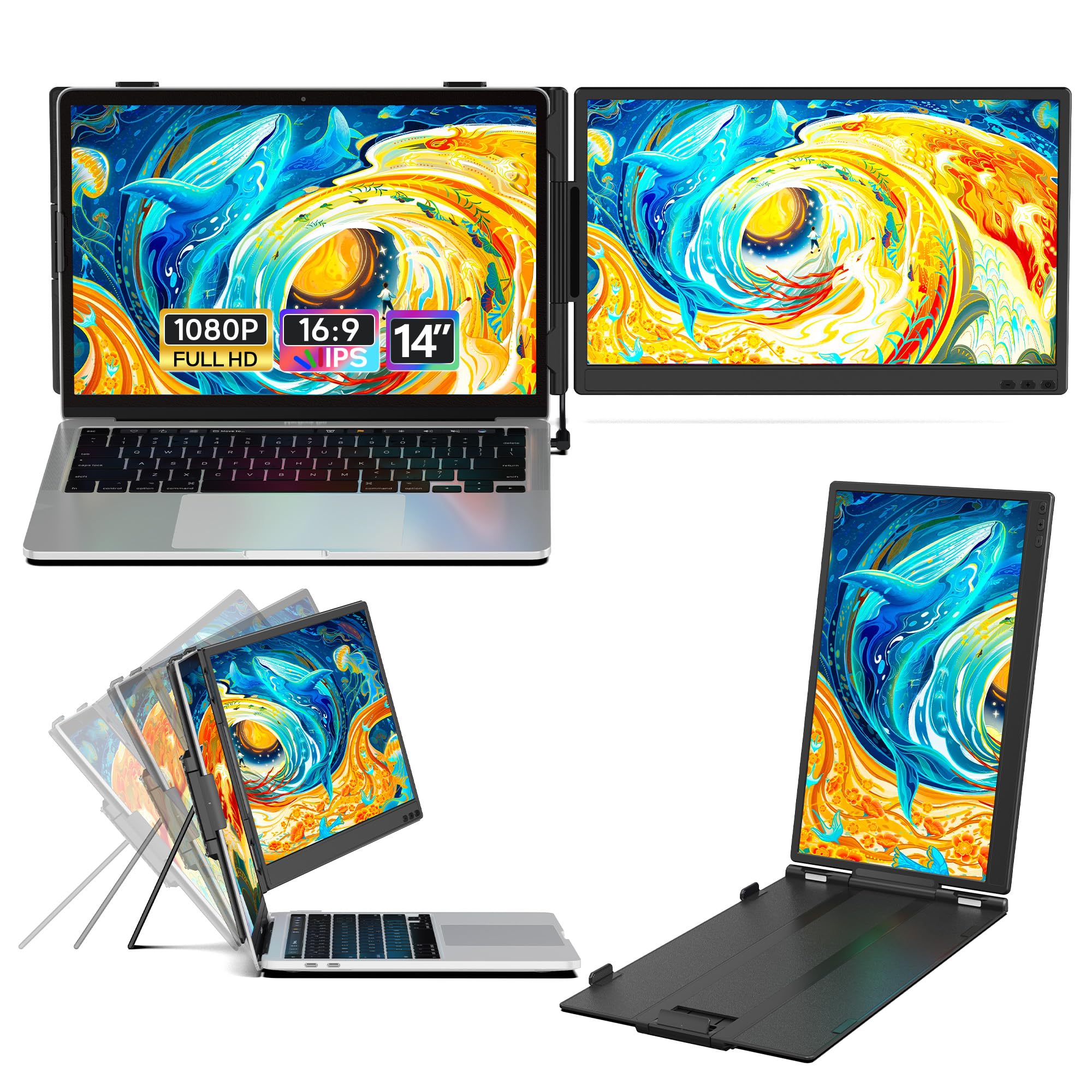 ノートパソコン用モニター 14インチ 2画面 デュアルディスプレイ FHD1080P IPS液晶パネル ダブルディスプレイ 携帯モニター 13-17.3インチパソコン用 軽量 USB-C/HDMI接続 Windows/Mac/Chromeに適用