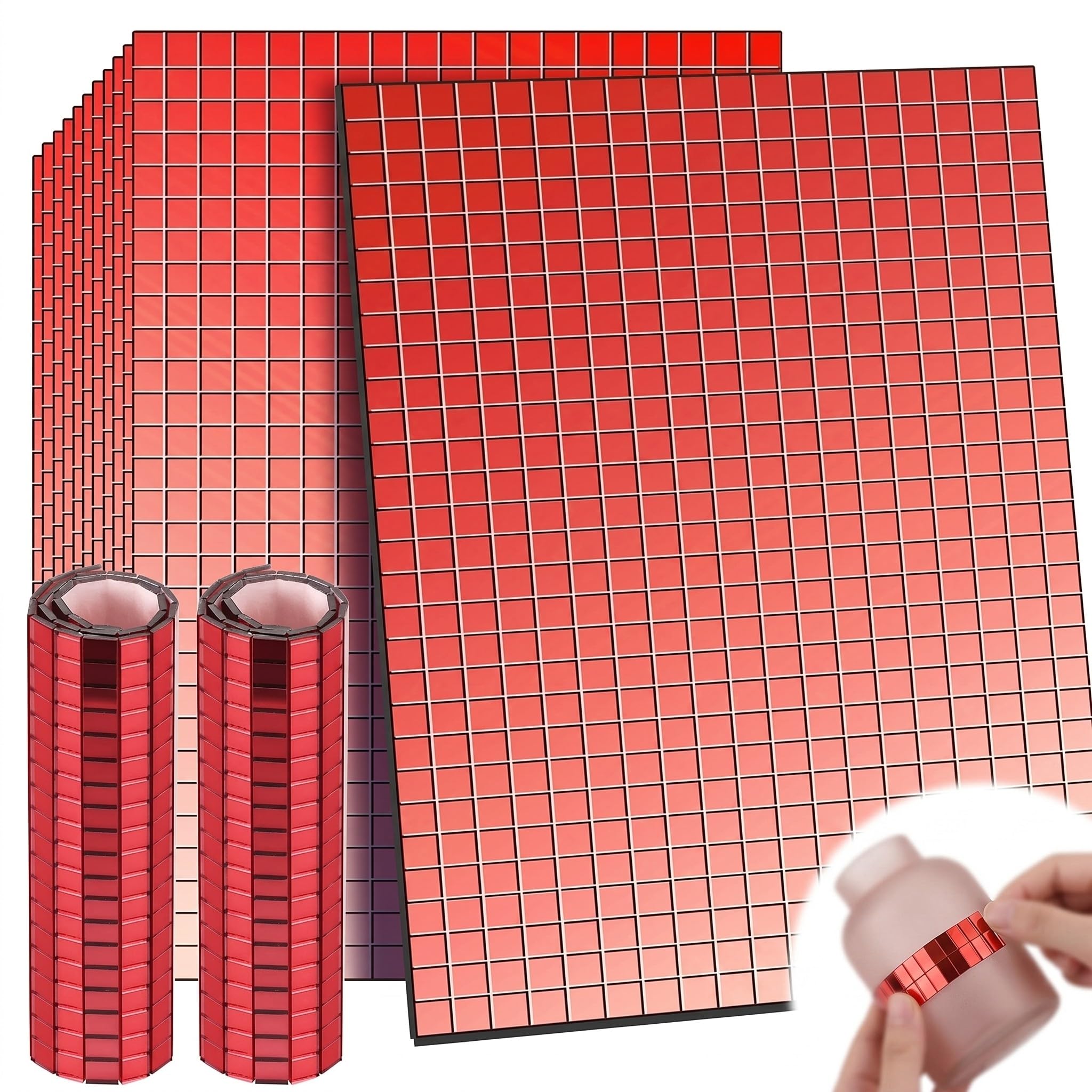 1800 Pièces Mosaïque Miroir Adhésive Rouge - 5x5mm Mini Carreaux Autocollants pour Boule à Facettes, Décoration DIY, Loisirs Créatifs et KTV - Carrés de Miroir en Verre Acrylique