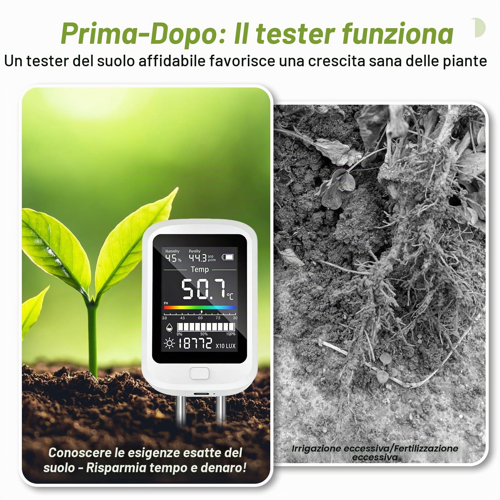 PORFOYO Tester PH Sol 6 in 1, tester di umidità e valore PH digitale con temperatura, luce, fertilità, display LCD per giardino, fattoria, prato e piante