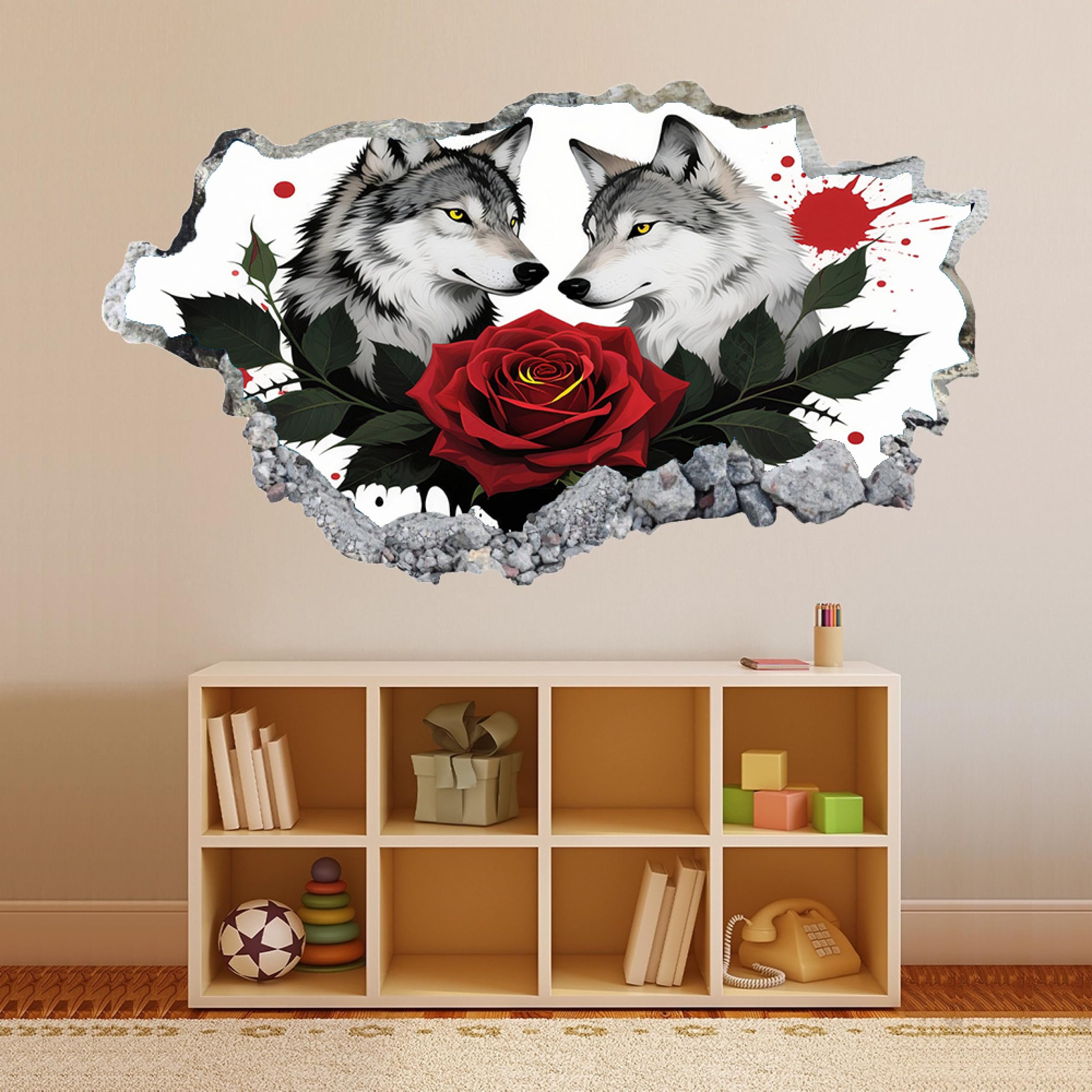 Wandtattoo 3D Durchbruch Wandaufkleber für Kinderzimmer Wandtattoos für Wohnzimmer Wolfstier Rote Rose Wandsticker Wandbild Junge Mädchen Schlafzimmer 58x101cm