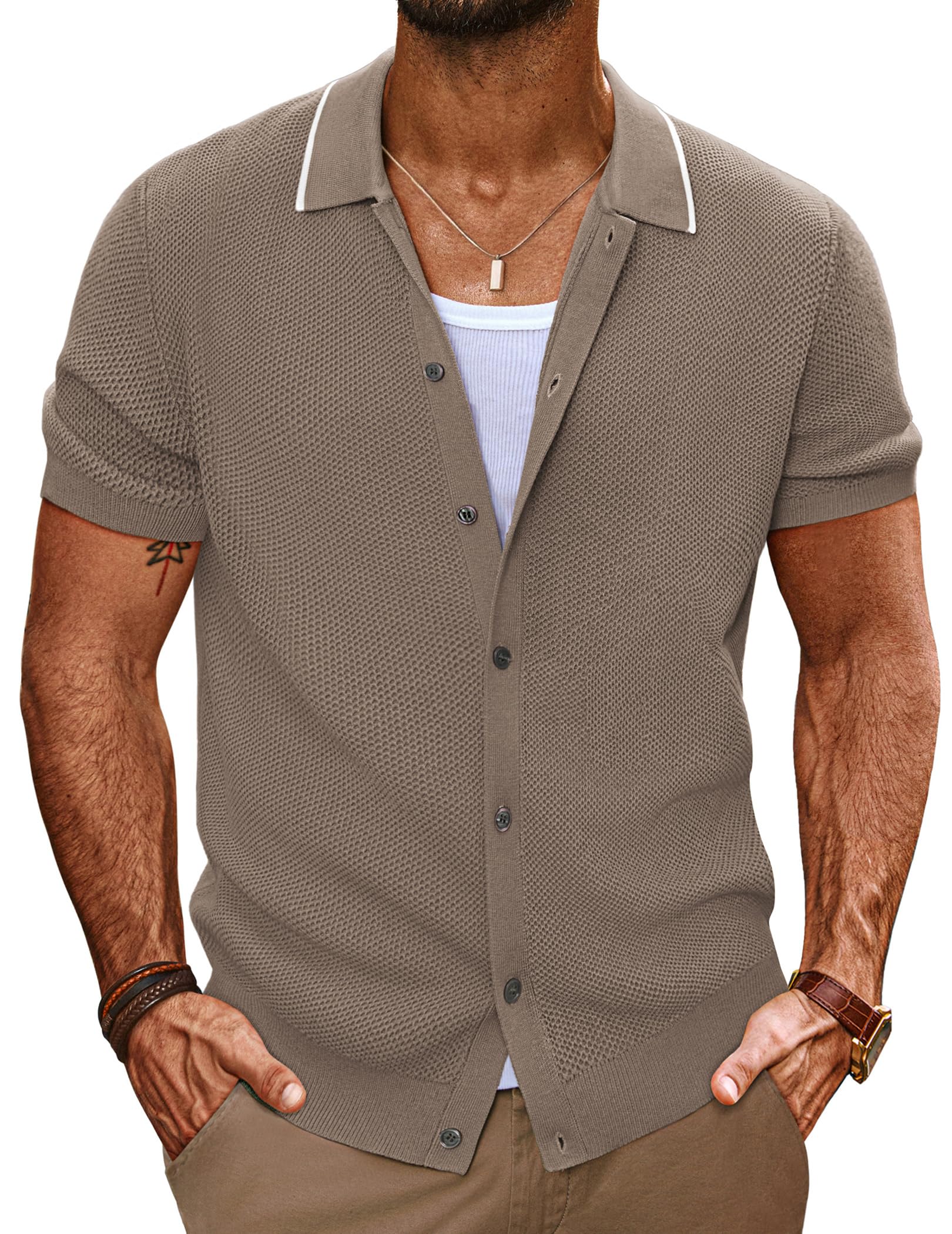 PJ PAUL JONES Men's Knit Button Down Shirts Short Sleeve Vintage Polo Shirt Casual Summer Beach Shirts