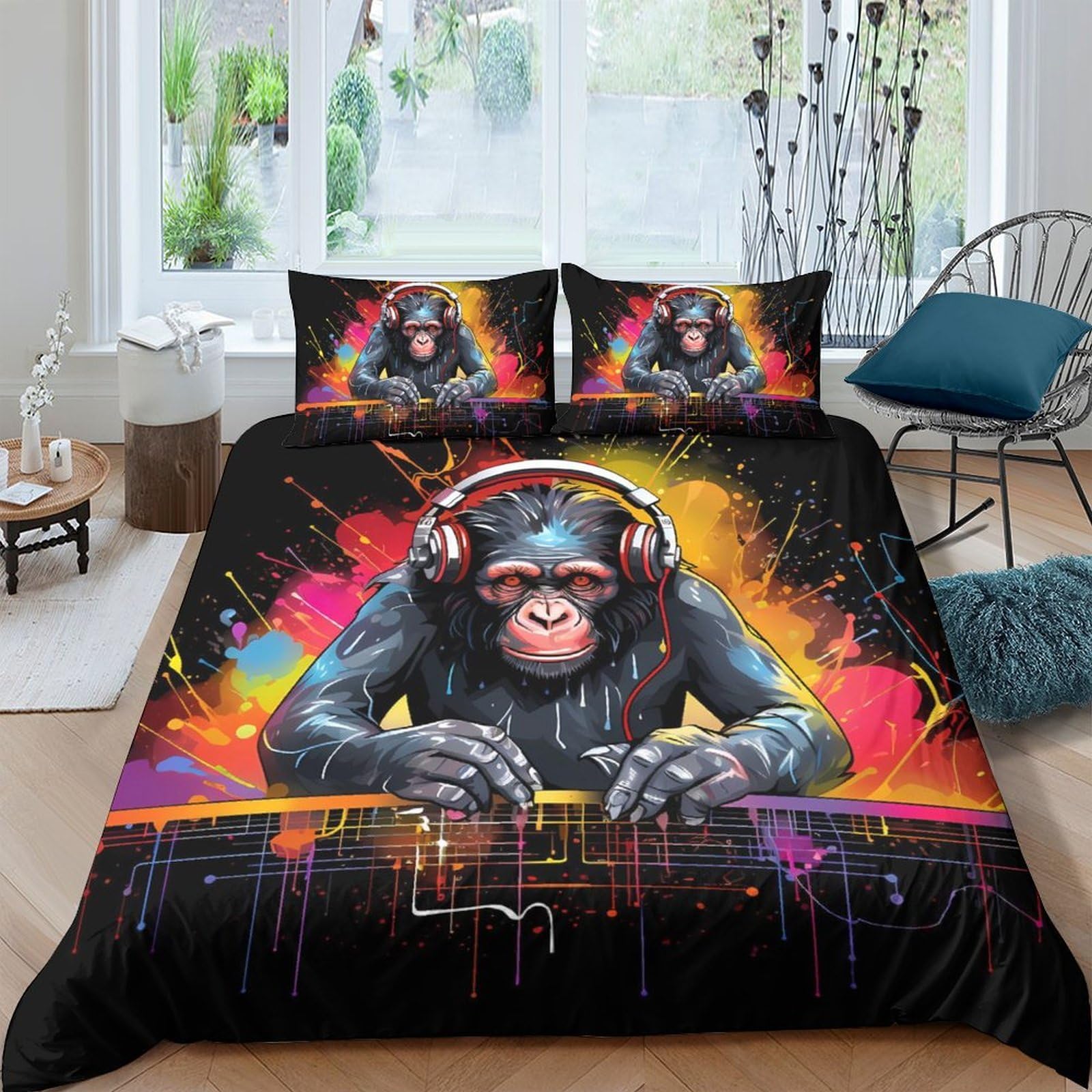 Ctjqhvkz Style-3 3D Printed Dj Chimpanzee Fitted Sheet Microfiber Vibrant Graffiti Bed Cover For Bedroom Dorm Mattress Decor Single（135X200cm）