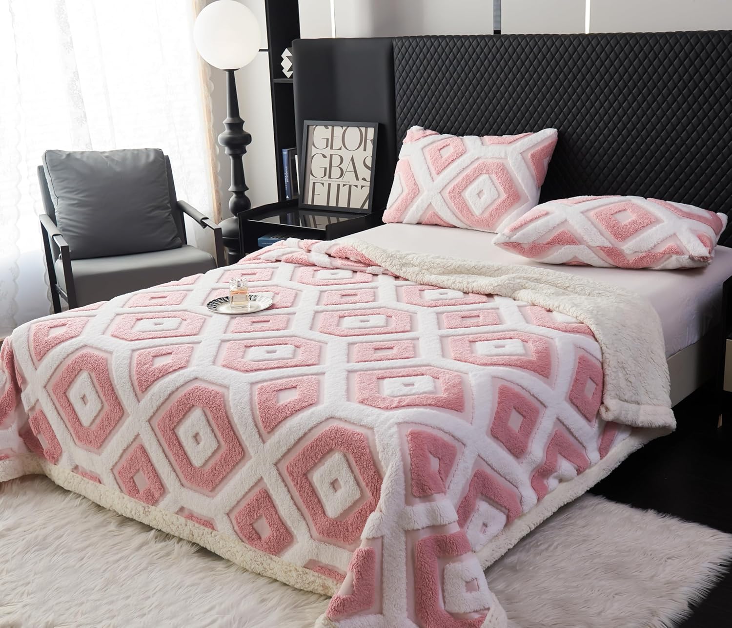 LEVINIS Bohemian Sherpa Throw Blanket 60'' × 80'', Sherpa Fleece Blanket for All Season, Southwestern Aztec Blankets for Bed/Couch/Sofa/Office/Camping, Pink - Image 2