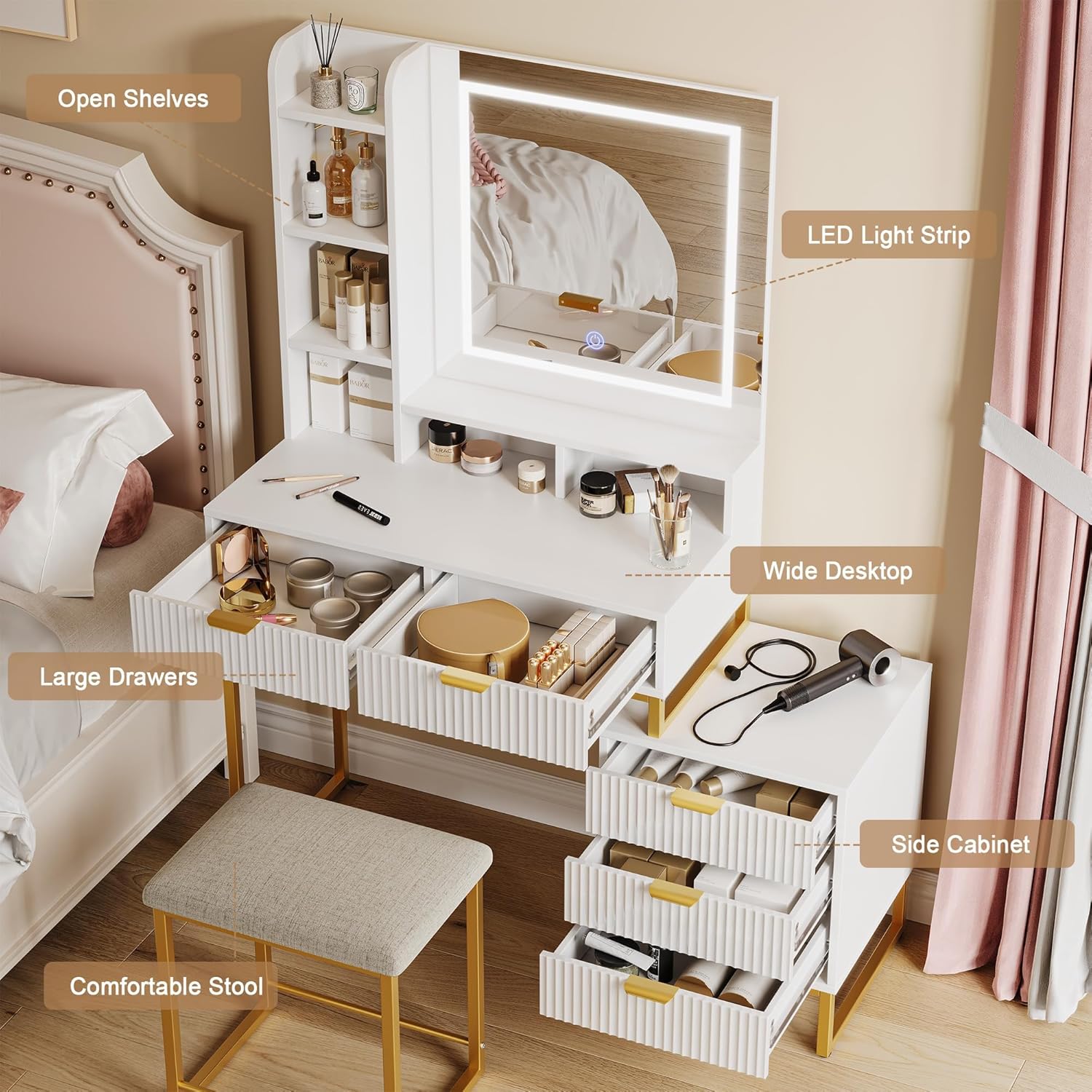 GarveeHome White Vanity Makeup Desk, Vanity Set with Mirror and 3-Mode Lights, 5 Drawers Vanity Table with Removable Side Storage Cabinet, Stool for Bedroom