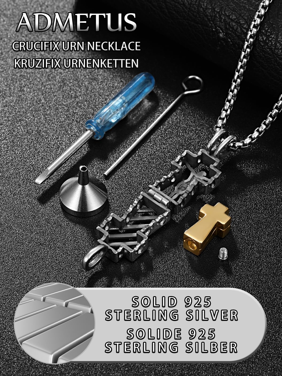 ADMETUS 925 Silber Heiliger Kreuz Urnen Anhänger Ascheanhängerkett Einäscherung Schmuck für Asche Memorial Geschenke für Männer mit 2,5 mm 22"+2" Rolo Ketten
