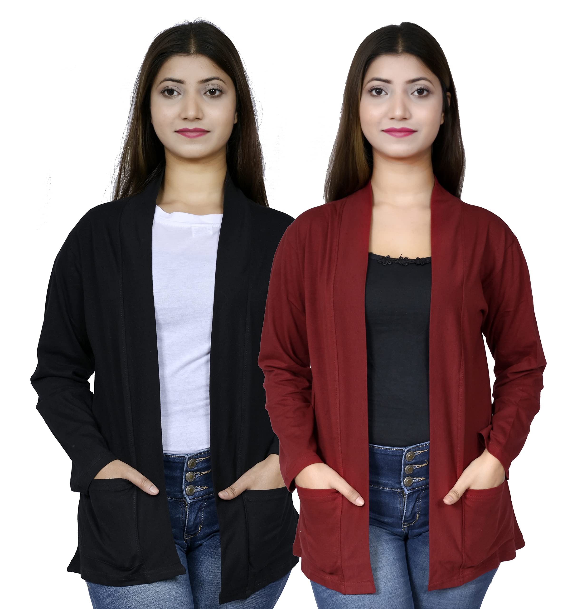 kg best collection Cotton Women Pocket Shrug Pack of Two(Black,Maroon), Shawl Neck, Small-picture-16