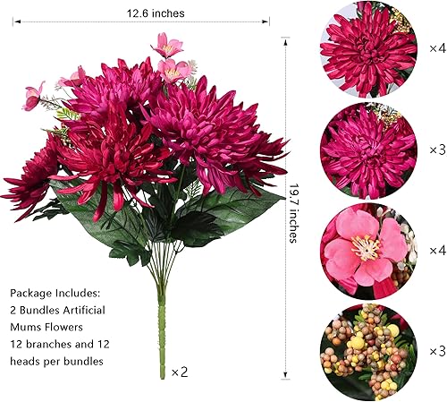Miniatura 2 de Ivydale 2 paquetes de flores artificiales de seda sintética de crisantemo con tallos largos, ramo de flores de otoño, decoración del hogar (no