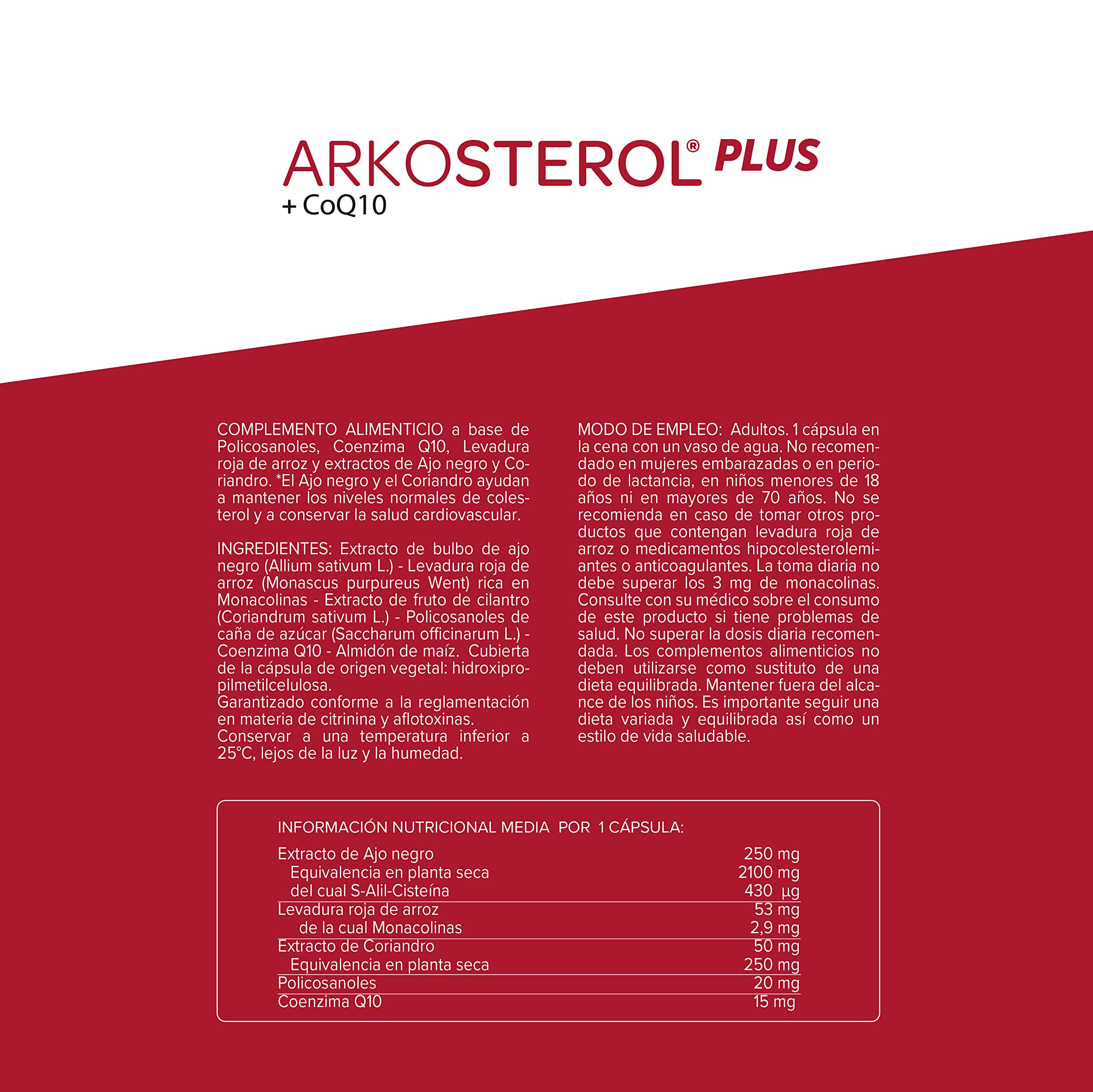 Arkopharma - Arkosterol Plus, Pack 2 x 30 Cápsulas, Complemento Alimenticio para Colesterol, Coenzima Q10 + Policosanoles, con Levadura Roja de Arroz y Ajo Negro, Fórmula Vegetal, Apto para Veganos