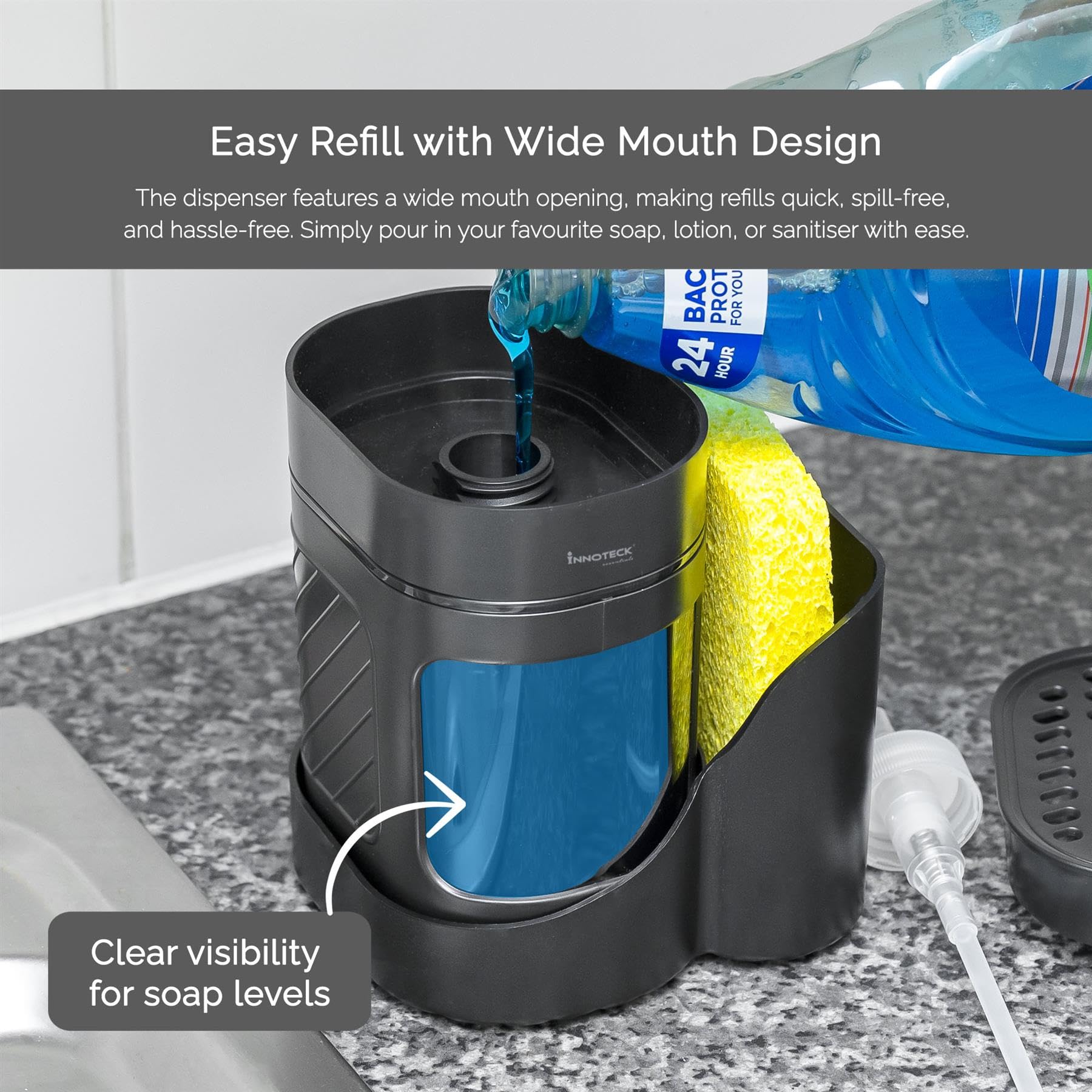 Innoteck Kitchen Sink Organiser with 3-in-1 Soap Dispenser, Sponge Holder & Sink Caddy, Dual Dish Soap & Hand Wash Dispenser - Image 3