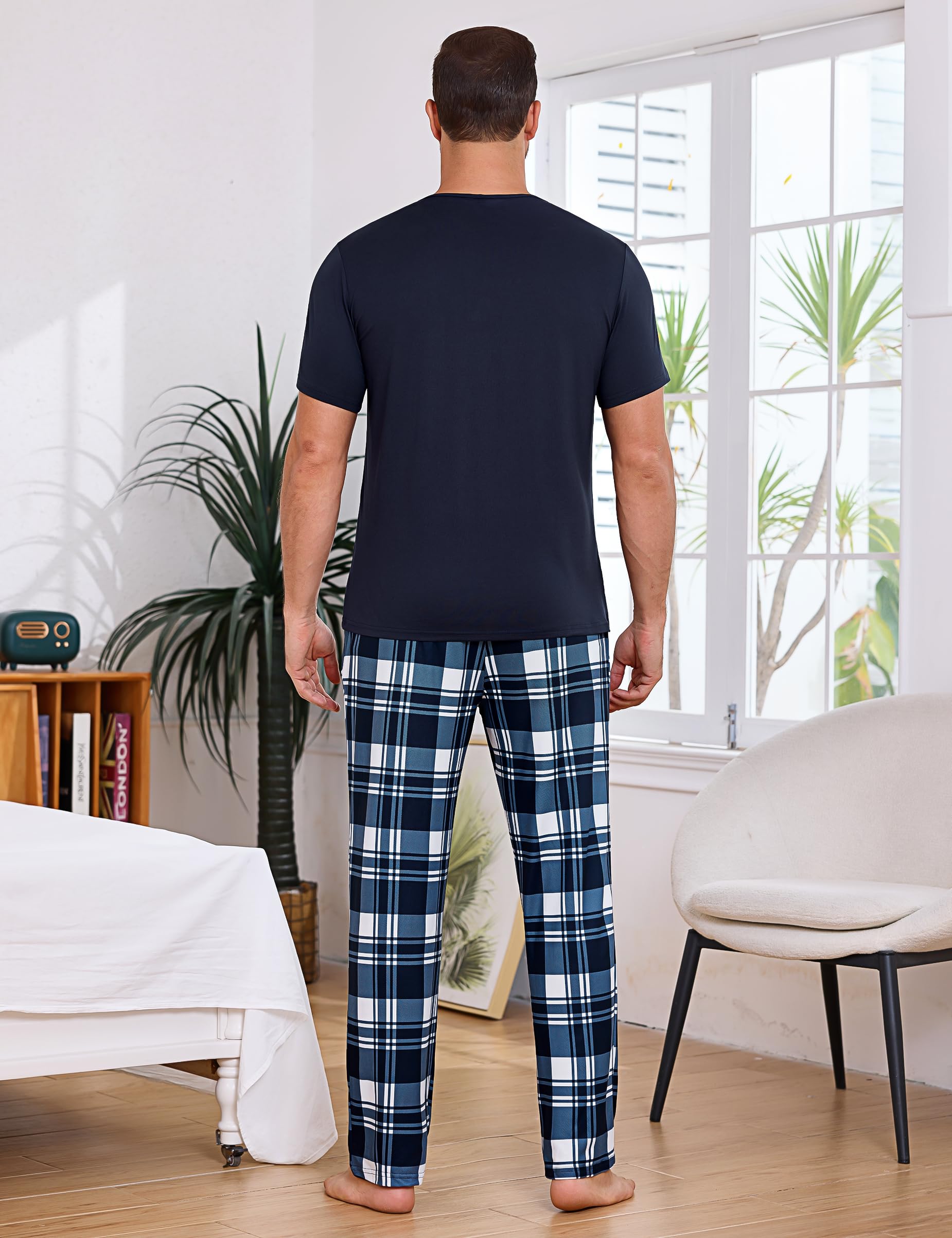 Bresdk Schlafanzug Herren Lang Pyjama Set Baumwolle Warm Zweiteilige Kariert Nachtwäsche mit Kurzarm Oberteil und Lange Pyjamahose