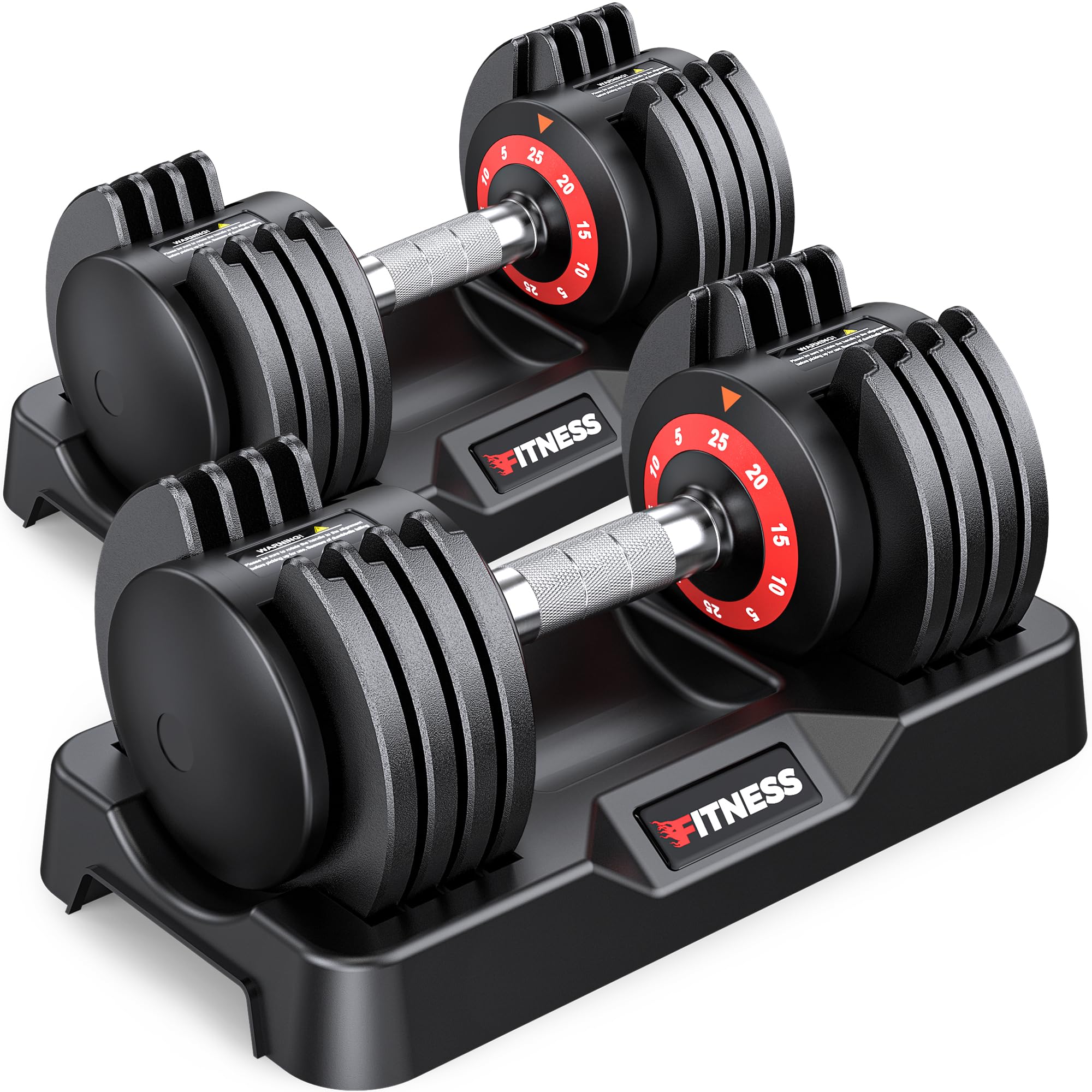 Decagonal black and red adjustable dumbbell with base