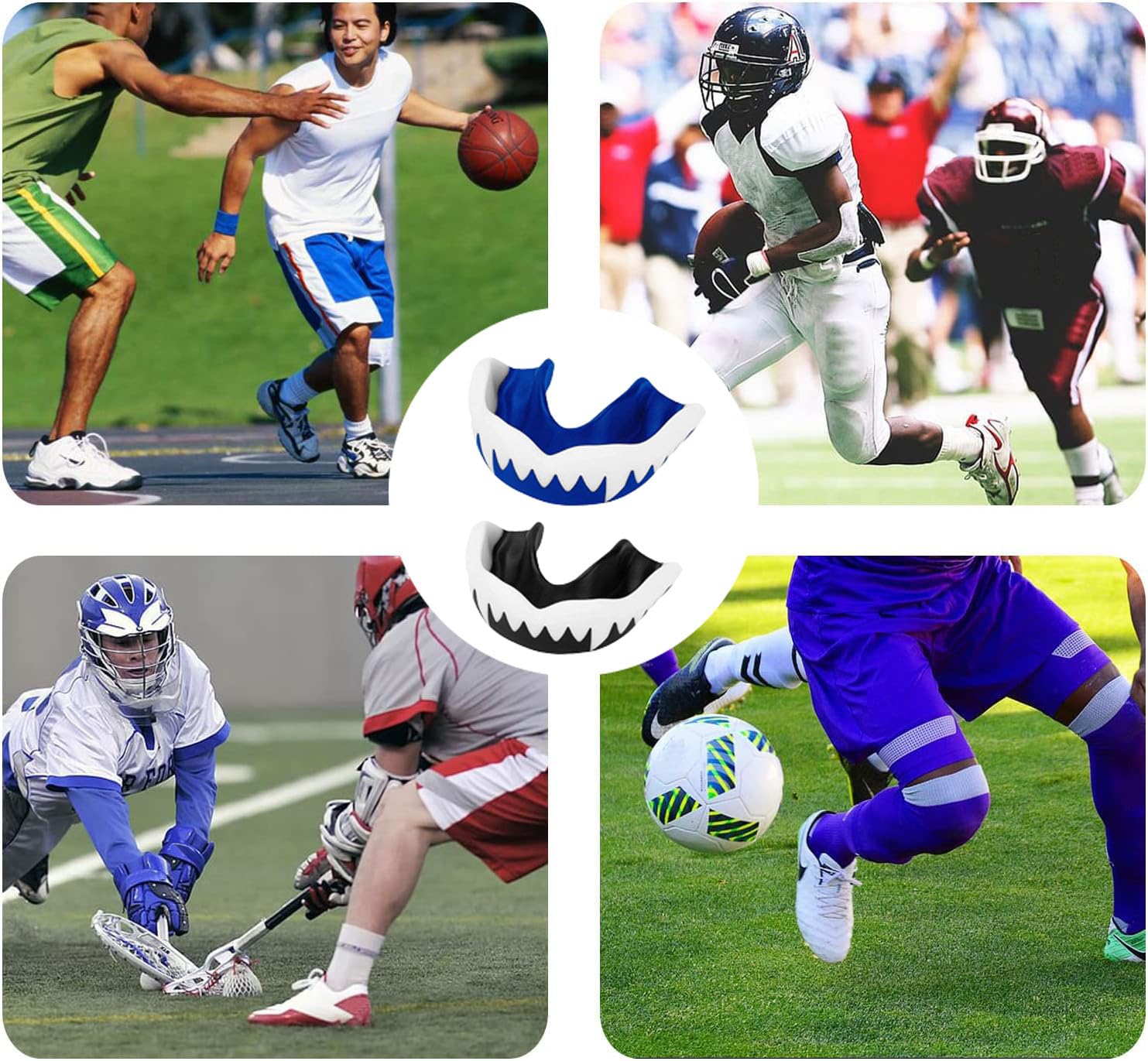 Paradenti, paradenti sportivo, per adulti, bambini, paradenti con scatola igienica portatile per football americano, arti marziali, boxe, kickboxing, hockey (blu e bianco, bianco e nero)