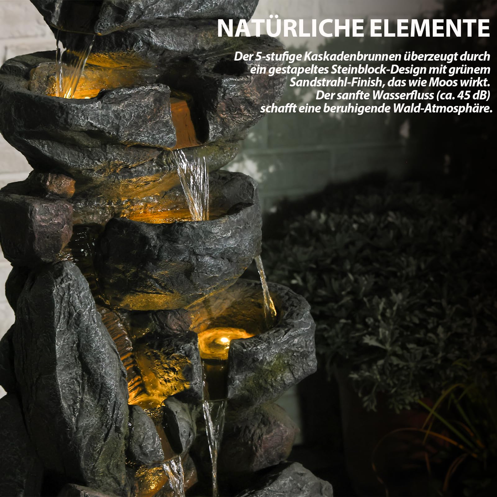 Bumilgar 5-stufiger Felsen-Springbrunnen für Innen- & Außenbereich, 80 cm hoher freistehender Garten-Brunnen mit Beleuchtung, Stein-Wasserfall für Terrasse, Balkon, Veranda, Wohnkultur, Grau