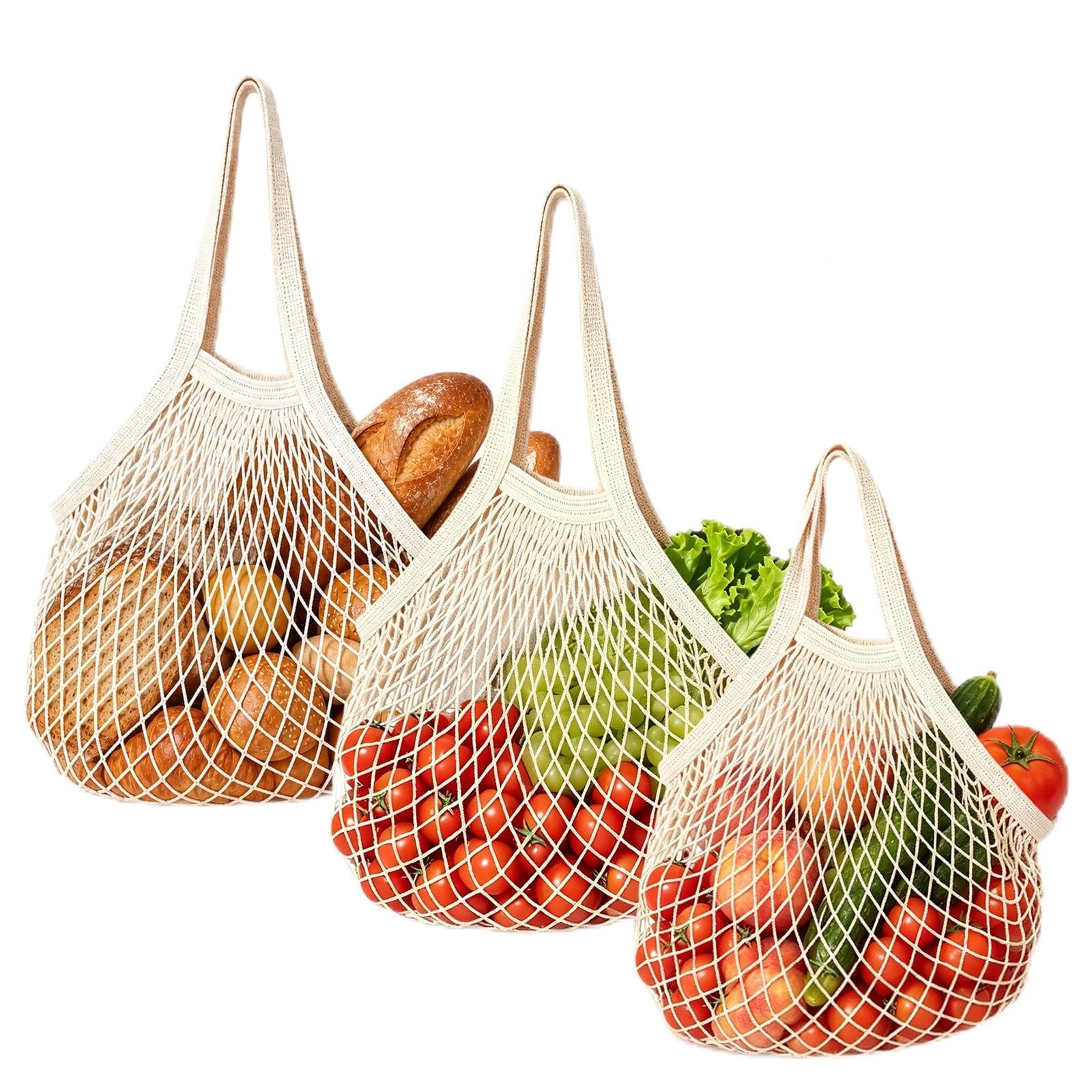 OFXCEN 3 PCS Grocery String Bags Reusable, Woven Portable Grocery Net Bag Reusable Net Shopping Bags Long Short Handle String Bag for Storage Outgoing Travel Vegetables Fruit(2 Sizes)