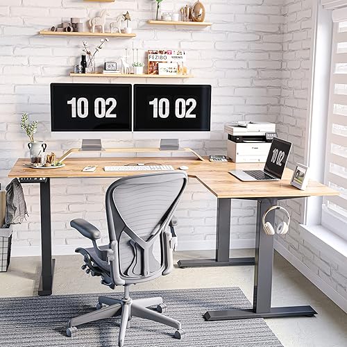 Miniatura 2 de FEZIBO Escritorio de pie en forma de L de triple motor de 63 pulgadas, escritorio eléctrico para juegos de altura ajustable, escritorio de esquina