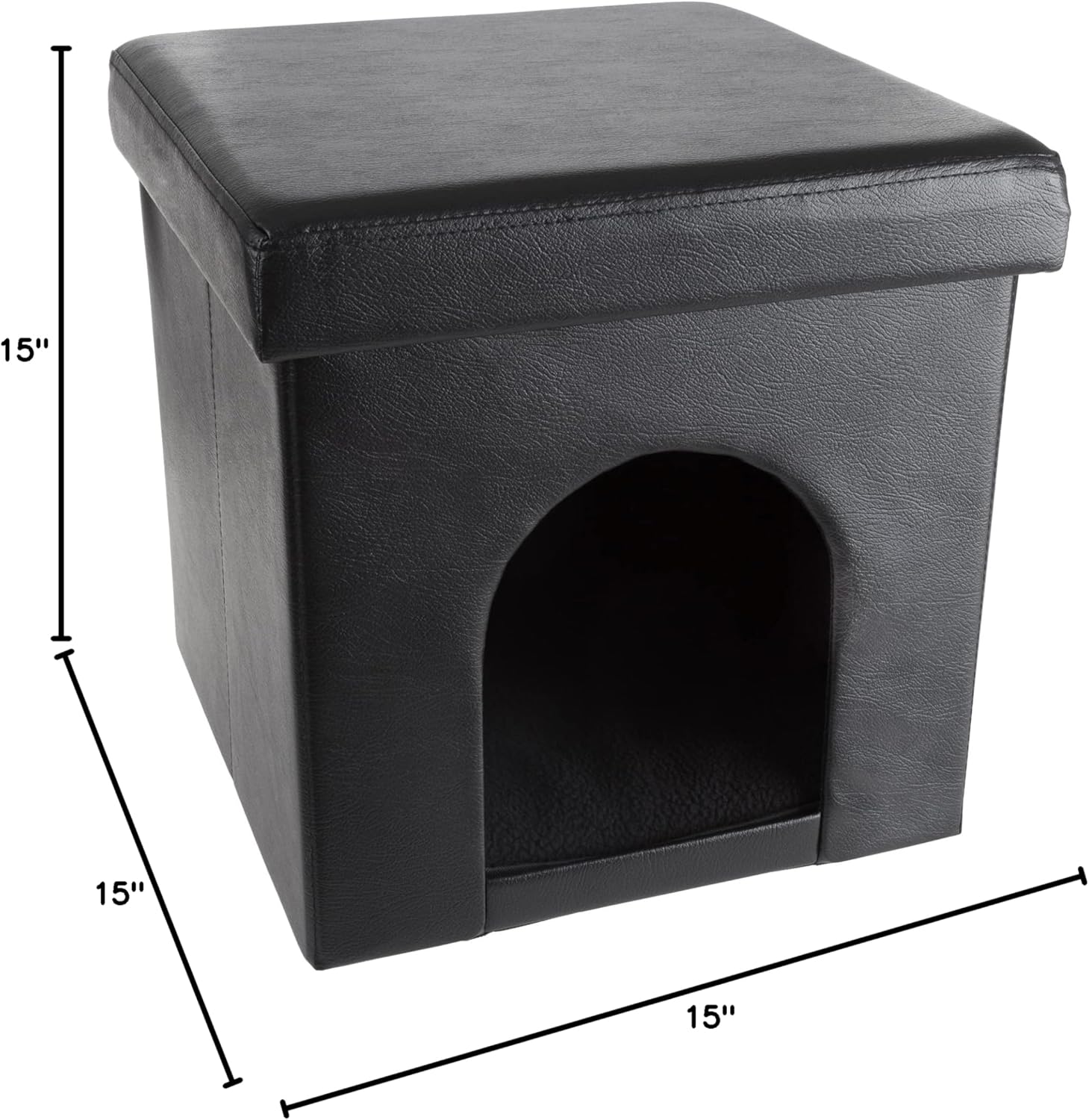 Compact Black Faux Leather Pet House Ottoman with Cushioned Top