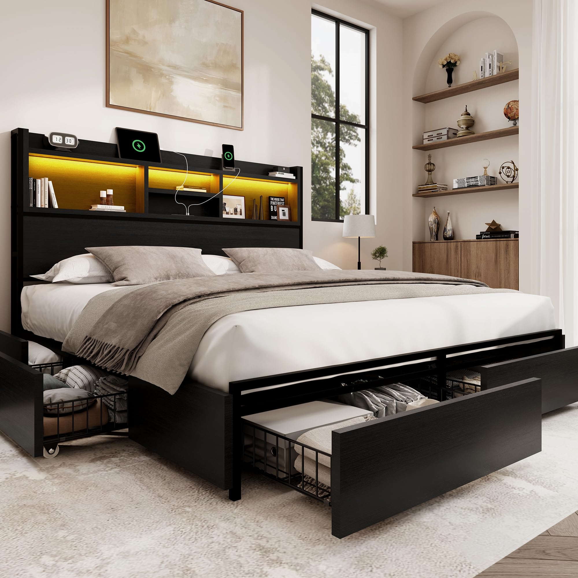 King Storage Bed Frame with 6 Drawers USB Charging Station No Noise No Box Spring Required Vintage Black