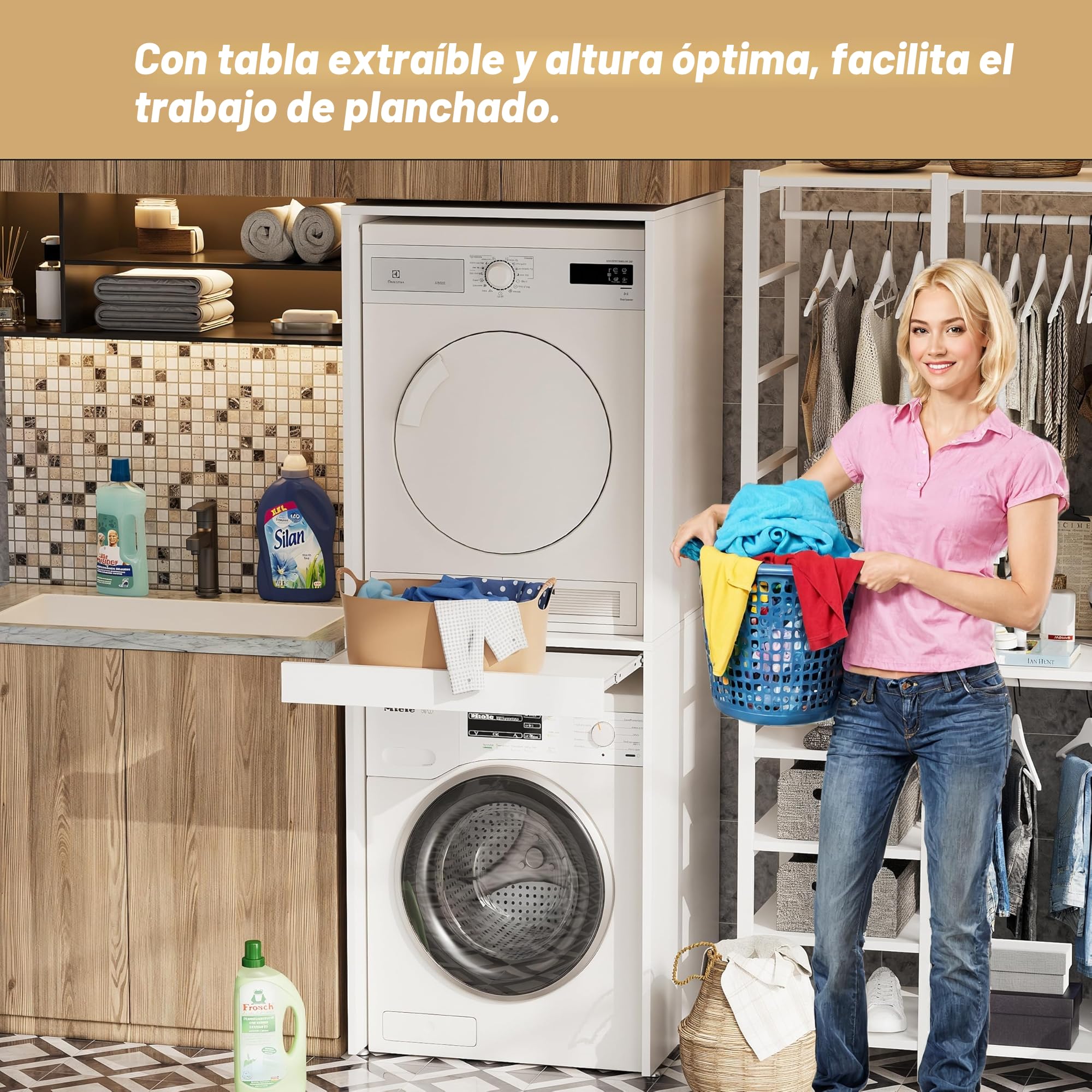 MSFE Armario para Lavadora y Secadora, Mueble Lavadora Secadora con Tabla Extensible, Kit de Apilamiento para Lavadoras y Secadoras, 180 x 65 x 66 cm, fijada a la Pared, Dos Paquetes