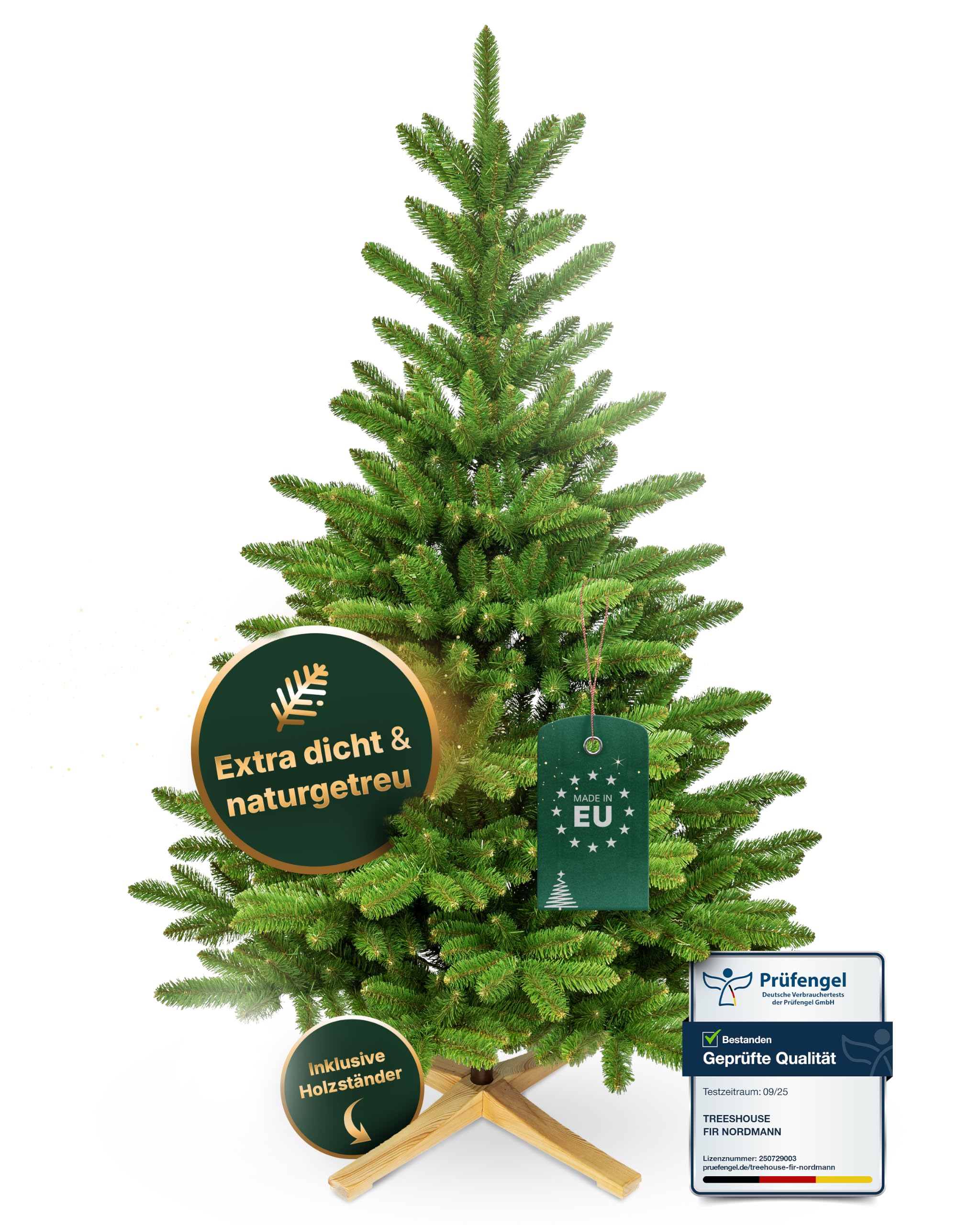 TreesHouse Weihnachtsbaum Nordmanntanne 210cm, FSC-Holzständer, PVC-Astwerk | Tannenbaum, künstlich, naturgetreu, dichte Nadeln, Weihnachtsdeko, hergestellt in der EU