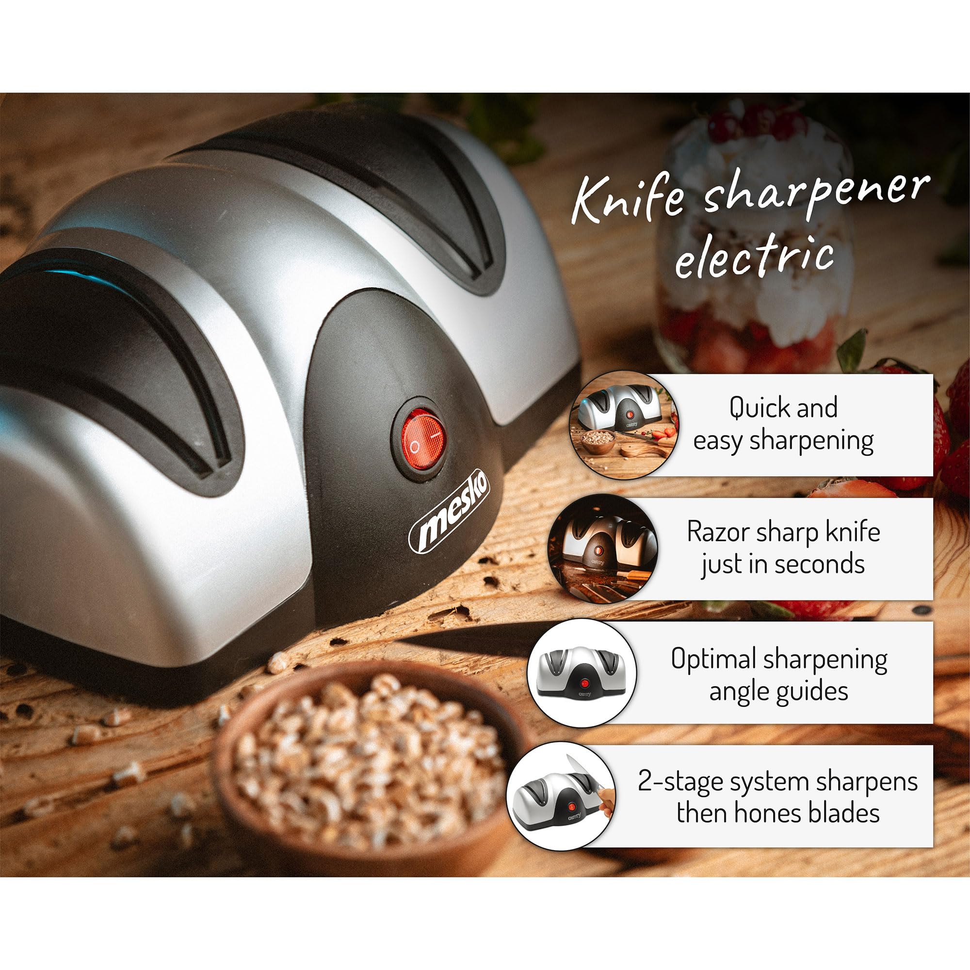 Mesko MS4516 Affilacoltelli elettrico professionale, guide inclinate per affilatura e lucidatura, ideale coltelli da cucina, forbici, 40 W