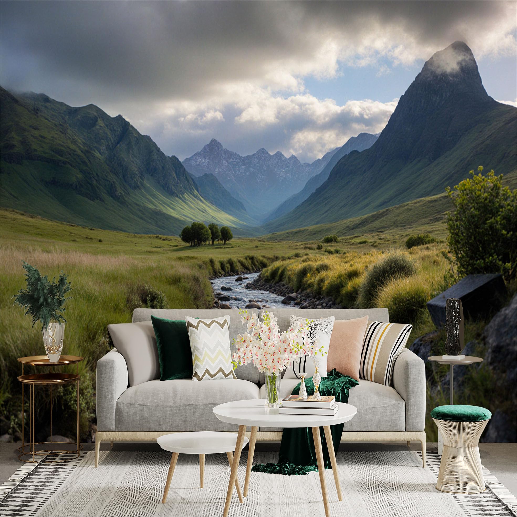 Lnzczhyre Xc260505885 Custom Size Wall Sticker Mural， Scenic Mountain Landscape， Flowing River Valley， Green Meadow And Cloudy Sky， For Wall Decoration， Peelandstick Wall Decals.