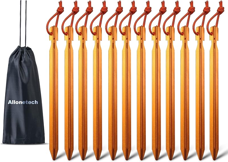 Paquete de 12 estacas para tienda de campaña 7075 estacas para acampar en el suelo, estacas de metal no oxidadas para tienda de campaña | Estaca ligera de aluminio para tienda de campaña, anclajes de púas resistentes con cuerda reflectante, accesorios de acampada para toldo de senderismo al aire libre