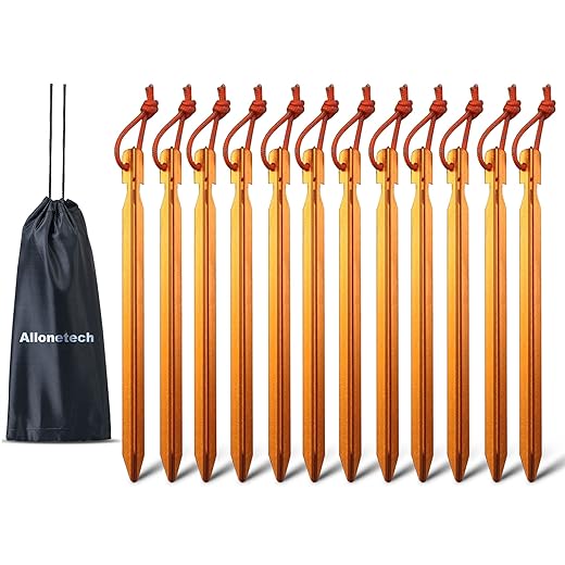 12 Pack Tent Stakes, 7075 Ground Metal Camping Aluminum Tent Pegs, Lightweight Tent Stakes Heavy Duty Spikes Camping Accessories, Orange