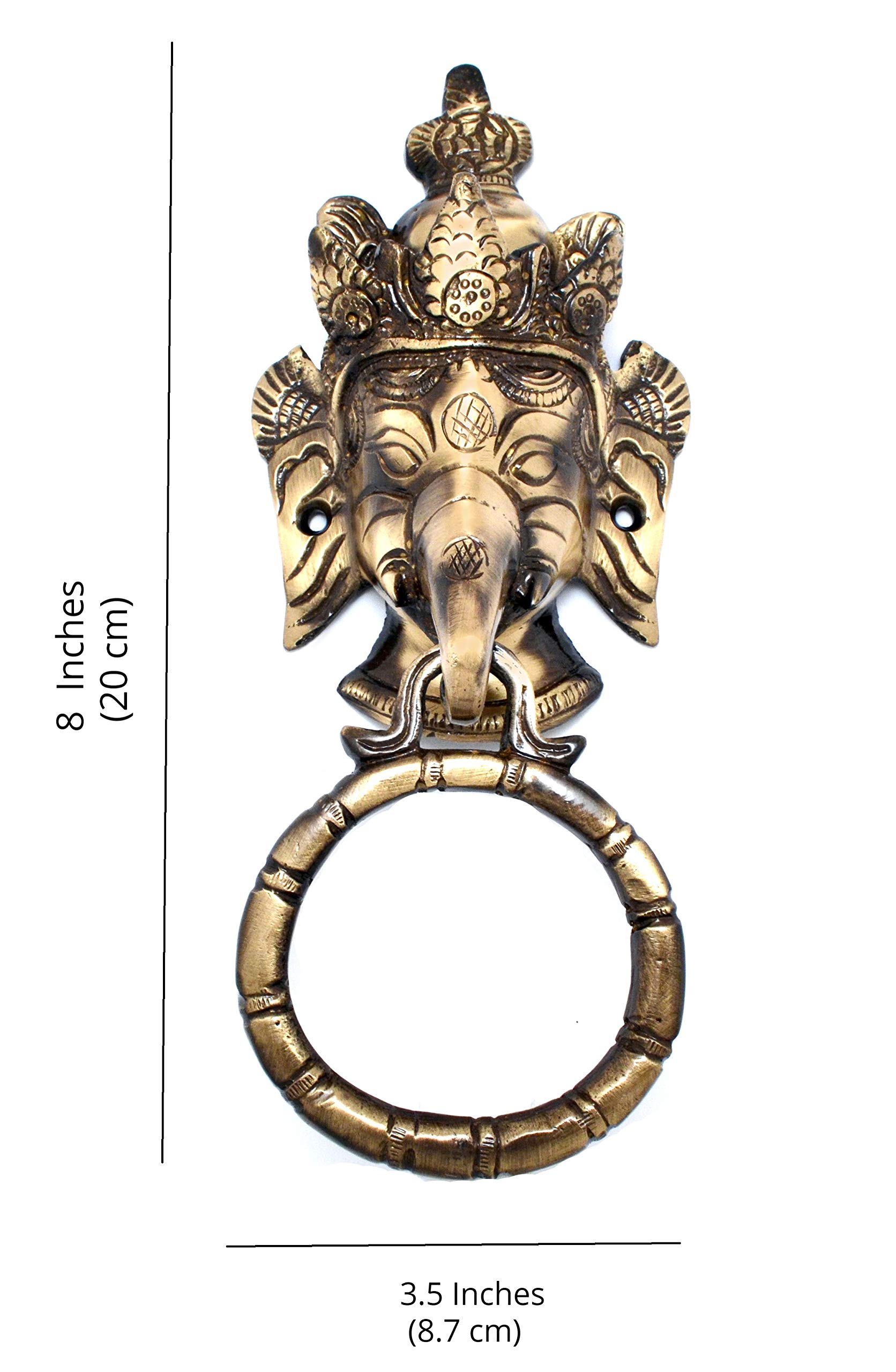 Two Moustaches Crown Ganesha Brass Door Knocker, Front and Main Doors, Pooja Room, Dimensions: Length: 3.5 inches (8.7 cm), Width: 2 inches (5 cm), Height: 8 inches (20 cm) 3